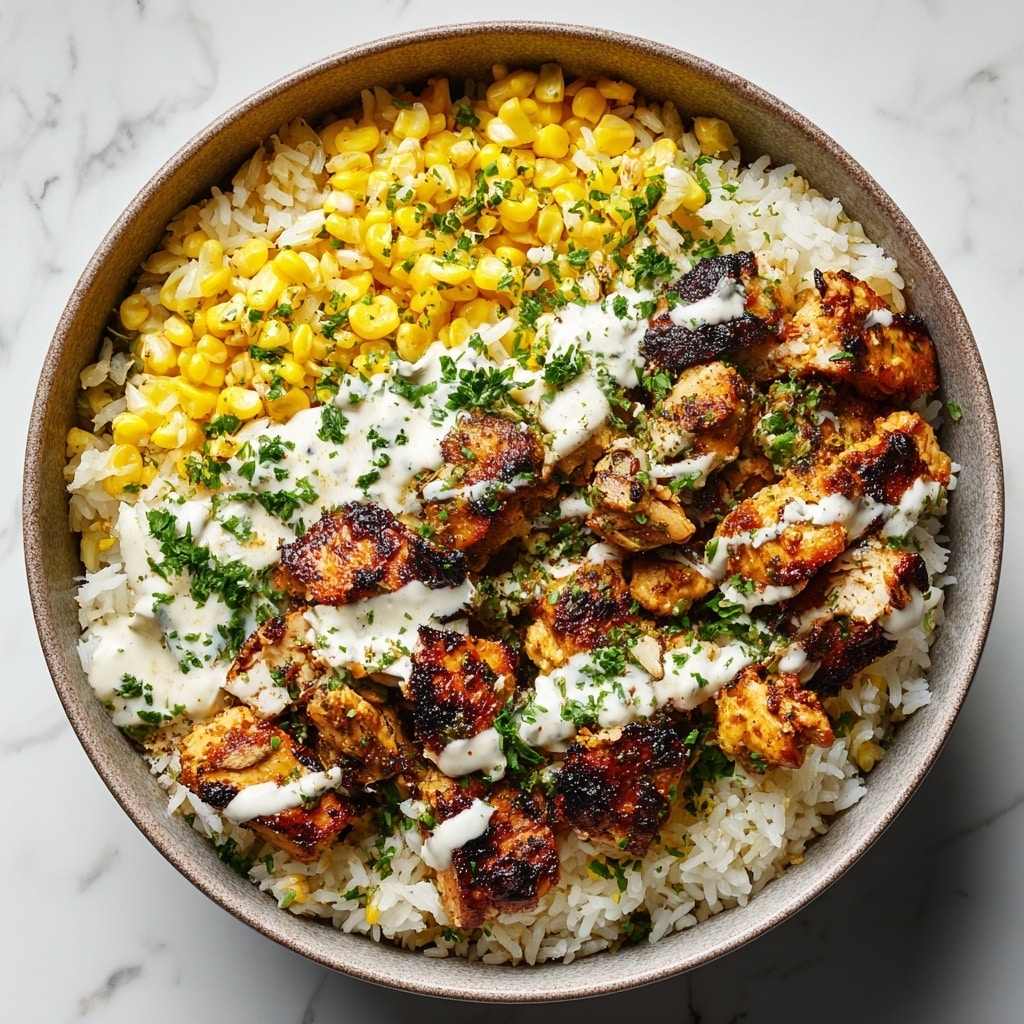 A white bowl filled with four layers starting from the bottom with white cooked rice, a layer of bright yellow corn scattered evenly, topped with grilled chicken pieces that show a golden brown char with a slightly crisp texture, and finished with fresh green chopped cilantro and white creamy sauce drizzled over the chicken. Lime wedges sit on the edge of the bowl adding a touch of green, all placed on a white marbled surface. photo taken with an iphone --ar 4:5 --v 7