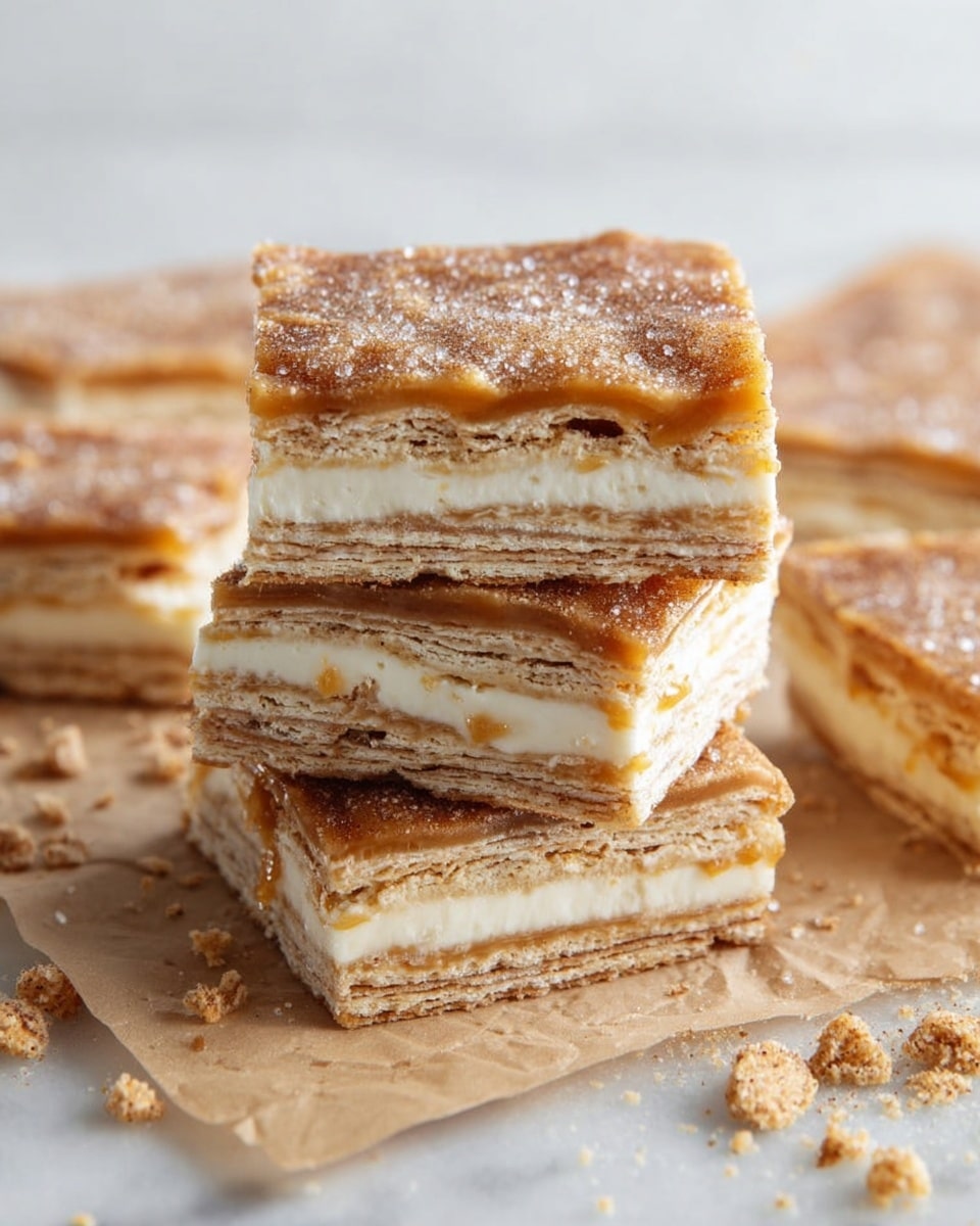 Square shaped dessert pieces are shown with three visible layers: a light brown bottom crust, a white creamy middle layer, and a top layer covered in a mix of fine white sugar and brown cinnamon powder giving a grainy texture. One piece in the center has a bite taken from the corner, revealing the layers clearly. The food is resting on crumpled parchment paper with small crumbs scattered around. The background is a white marbled texture. photo taken with an iphone --ar 4:5 --v 7