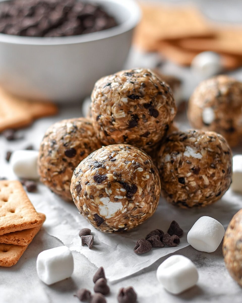 A close-up view of round energy balls with a rough texture made from oats, chocolate chips, white marshmallow pieces, and chia seeds, arranged on white parchment paper that rests on a white marbled surface. The balls are light brown with dark and white specks throughout. Around them are scattered small white marshmallows and dark chocolate chips. Some light brown graham crackers lie nearby, partly visible. In the blurred background, there is a white bowl filled with dark cocoa powder or chocolate chips. The photo has a soft natural light. Photo taken with an iphone --ar 4:5 --v 7