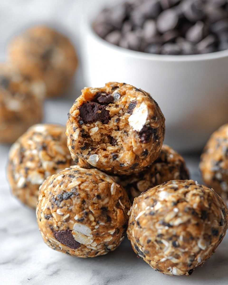 A close-up of several round energy balls with a rough texture, made of peanut butter, oats, chia seeds, and chocolate chips, showing a mix of light brown, dark brown, and white colors from the ingredients. One energy ball has a bite taken out of it, displaying its moist and crumbly inside with visible dark chocolate chunks and white oat pieces. The energy balls rest on a white marbled surface, with a blurred white bowl filled with chocolate chips in the background, adding depth to the image. photo taken with an iphone --ar 4:5 --v 7