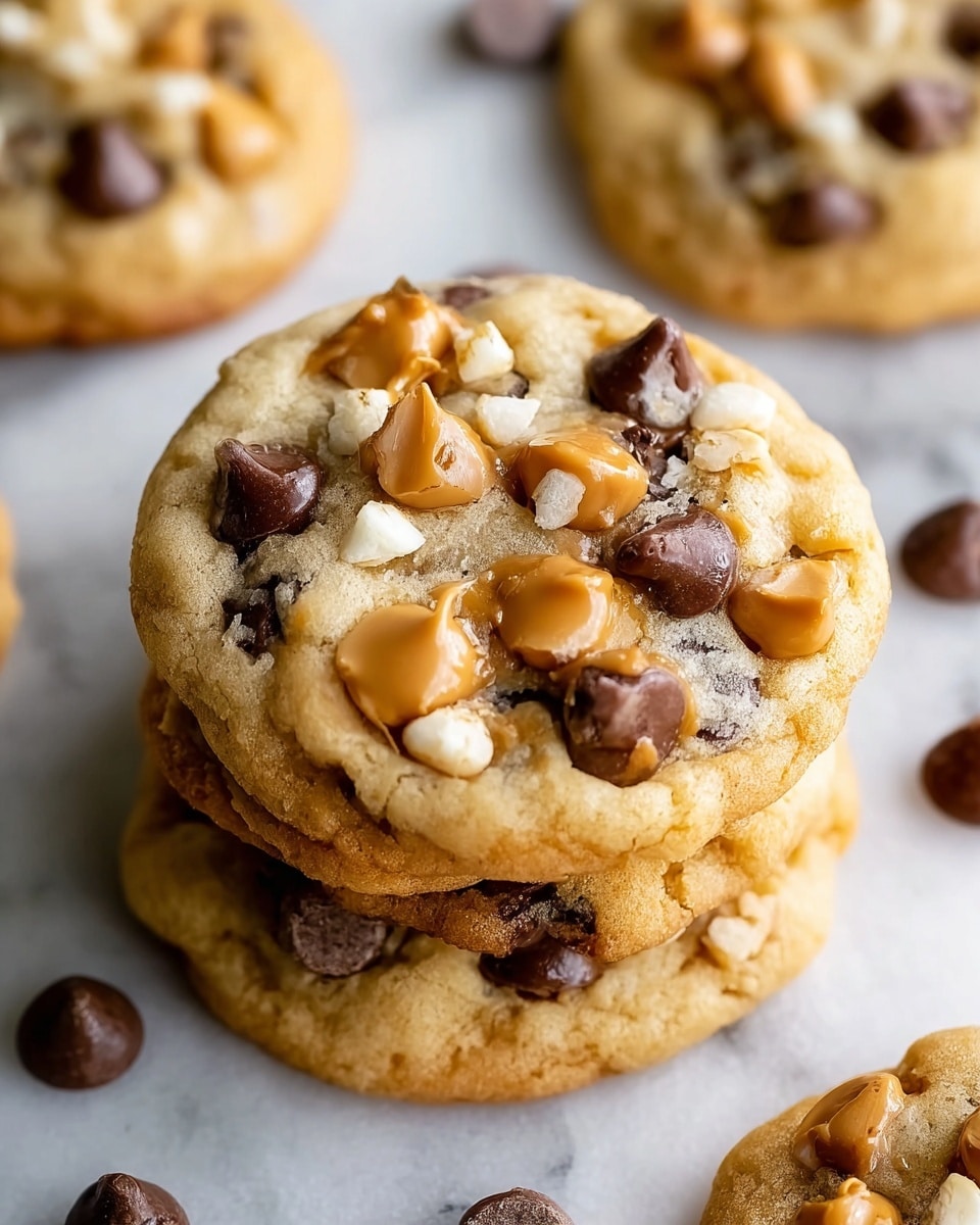 The image shows soft, round cookies with a light golden-brown base, topped with a mix of glossy chocolate, caramel, and cream-colored chips spread across the surface. Each cookie has about three types of chips scattered unevenly on top, creating a textured, slightly bumpy look. The cookies rest on a white marbled surface, which contrasts nicely with the warm tones of the cookies and their toppings. Photo taken with an iphone --ar 4:5 --v 7