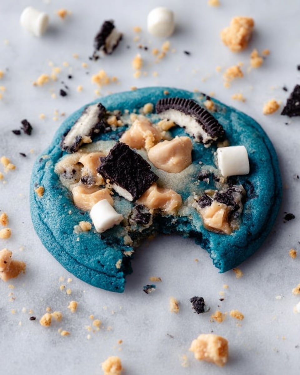 The image shows a close-up of bright blue cookies on a white plate, each cookie having a thick, slightly rough texture with different toppings embedded on the surface. The toppings include black and white Oreo cookie pieces, creamy white chocolate chips, and light brown cookie crumbs scattered unevenly across the blue dough. The cookies are thick and round, placed in small stacks on the plate. In the background, there is a blurred view of more blue cookies on another white plate, and a small stack of whole Oreo cookies, all set on a smooth white marbled surface. Photo taken with an iphone --ar 4:5 --v 7