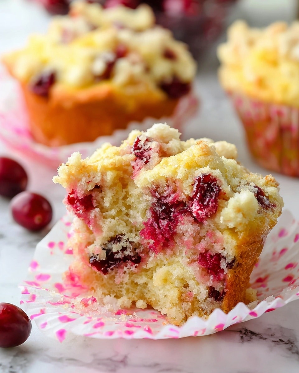 A close-up view of a muffin with three visible layers: the bottom layer is golden brown and fluffy cake, the middle layer has bright red and dark cranberry pieces mixed into the cake, and the top layer is crumbly and pale yellow with more cranberries embedded in it, some bursting and creating red streaks; the muffin is partly wrapped in a white muffin liner with pink spots, sitting on a white marbled surface. In the background, there are two more similar muffins and scattered whole cranberries, all out of focus. photo taken with an iphone --ar 4:5 --v 7