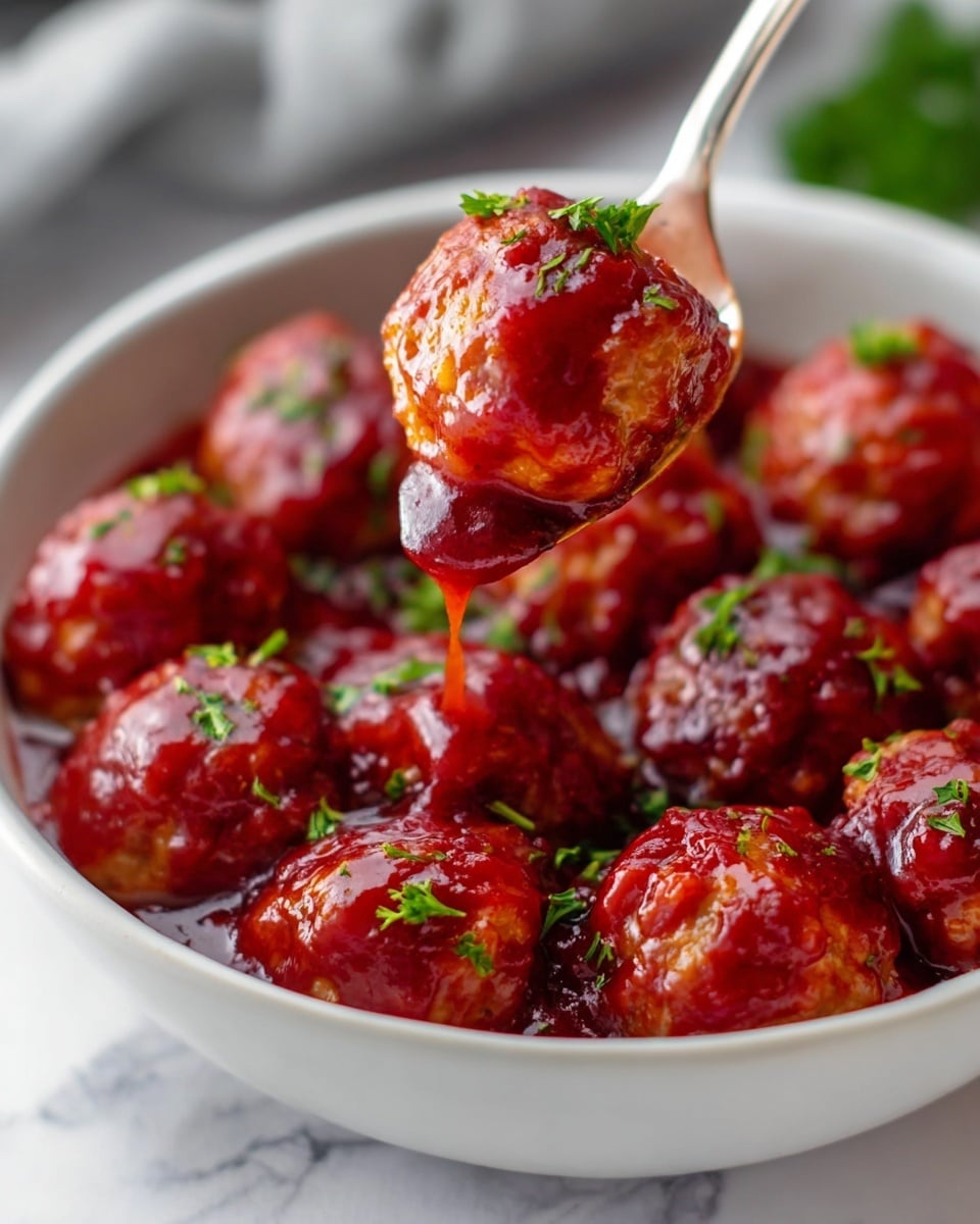 The image shows a close-up of a white bowl filled with round meatballs covered in a shiny, thick red sauce. Each meatball is fully coated with the sauce that looks smooth and rich, with small green herb leaves scattered on top for garnish. A silver spoon lifts one meatball from the bowl, with sauce dripping slightly down its sides. The background is a white marbled texture, softly blurred to keep the focus on the bowl and its contents. photo taken with an iphone --ar 4:5 --v 7