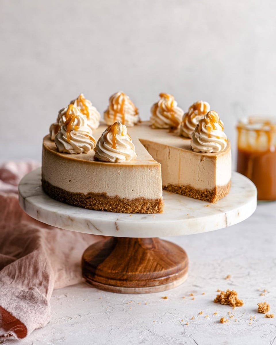 A slice of cheesecake sits on a white plate with thin gray lines forming a subtle pattern. The cheesecake has two layers: a dense, brown crumbly crust at the bottom and a thick, smooth beige cream cheese layer above it. On top, there is a swirl of white whipped cream which is drizzled with golden caramel sauce. In the background, there is a glass jar with caramel sauce and a knife inside, slightly blurred. The scene is set on a white marbled surface. photo taken with an iphone --ar 4:5 --v 7