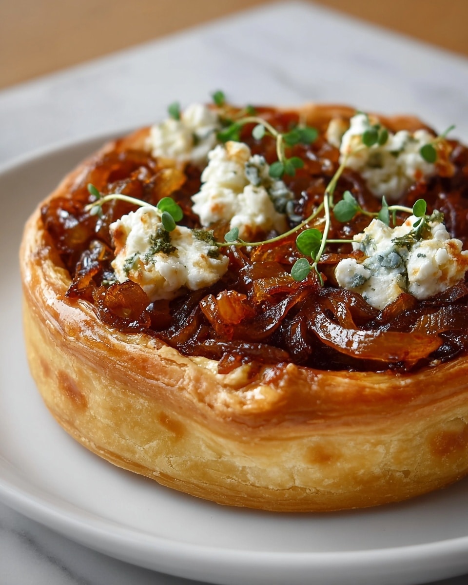 The image shows a round tart with a thick, golden puff pastry crust that is crispy and flaky, forming a raised edge around the tart. The tart is topped with a layer of caramelized onions that have a rich brown color and glossy texture, covering the surface evenly. Scattered on top are small dollops of white creamy cheese, offering a soft contrast to the onions. Fresh green herb sprigs are sprinkled on the tart, adding a pop of color and freshness. One slice is cut and slightly pulled out from the tart, showing the layers clearly on a white plate placed on a white marbled surface. photo taken with an iphone --ar 4:5 --v 7