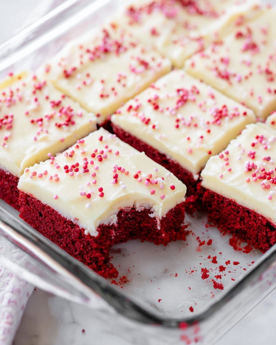 A square piece of red velvet cake with two layers is placed on a white plate with detailed edges; the bottom layer is deep red and moist with a spongy texture, while the top layer is a thick, creamy off-white frosting evenly spread and decorated with small, round pink sprinkles. A woman's hand holding a fork has taken a bite, showing the rich red inside of the cake on the fork. In the background, another white plate with a similar cake piece and a glass of milk are slightly blurred on a white marbled surface. photo taken with an iphone --ar 4:5 --v 7