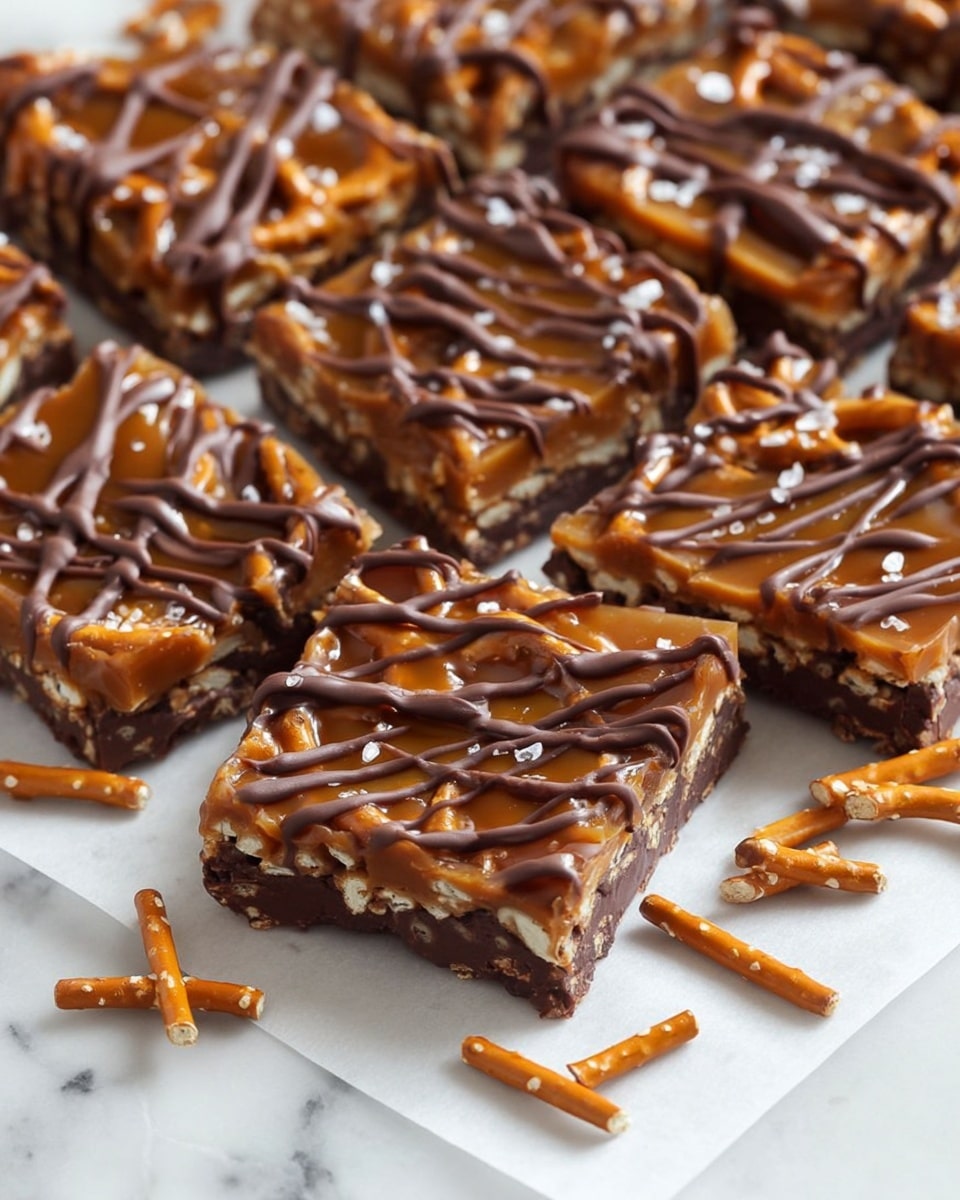 This image shows square pieces of a sweet treat with three main layers: a dark brown chocolate base with a smooth texture, a middle layer full of crunchy pretzel sticks in light brown color, and a top layer of shiny caramel sauce that covers the pretzels unevenly. Over the caramel, there are thin, dark brown chocolate drizzles creating a crisscross pattern on each piece. The sweet squares are placed closely together on white parchment paper, which sits on a white marbled surface. Some broken bits of the treat and pretzel sticks are scattered around. photo taken with an iphone --ar 4:5 --v 7