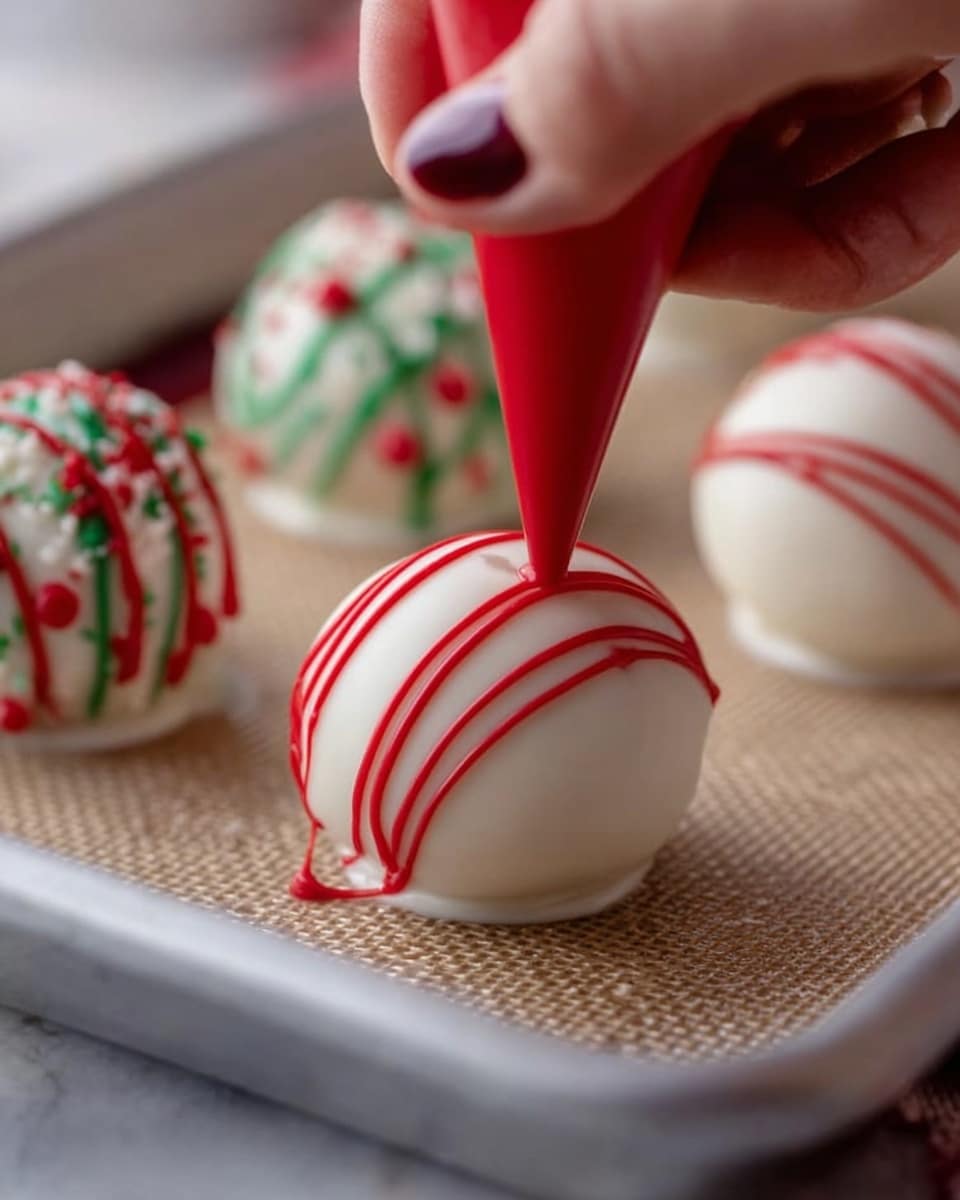 The image shows a white shallow bowl filled with round white chocolate-covered truffles decorated with thin red drizzle and small green sprinkles on top. One truffle is bitten in half, revealing a creamy inside with colorful sprinkles scattered inside. In the background, a woman's hand is holding a white plate lined with similar truffles, blurred and resting on a white marbled surface. The setting suggests a festive, cozy atmosphere with some green and red blurred decorations in the far background. photo taken with an iphone --ar 4:5 --v 7