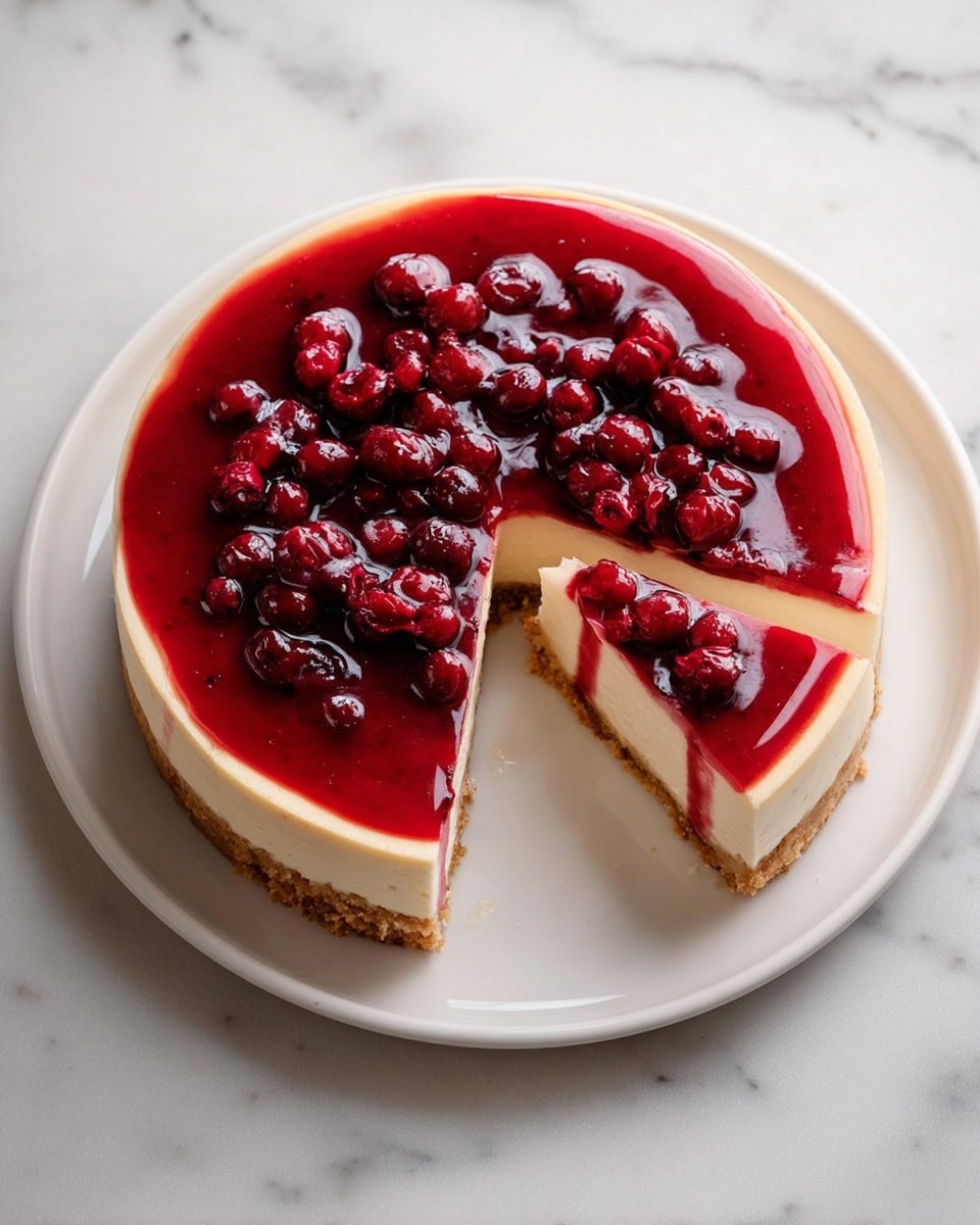 The image shows a round cheesecake on a white plate placed on a white marbled surface. The cheesecake has three visible layers: a light brown crumbly base at the bottom, a thick creamy white middle layer, and a shiny, deep red berry topping with whole berries scattered evenly over it. One slice is cut and slightly pulled out from the cheesecake, showing the smooth edges of each layer clearly. The berry topping looks glossy and smooth with a few berries adding texture on top. Photo taken with an iphone --ar 4:5 --v 7