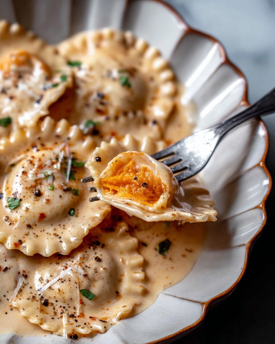 A white scalloped plate filled with ravioli covered in a creamy light beige sauce, sprinkled with golden brown toasted crumbs and pepper, with a sprig of fresh green rosemary placed on the left side of the pasta; the plate is set on a larger dark grey plate, both on a white marbled surface with a striped cloth underneath on the left; nearby is a small white dish with grated cheese and a tiny fork, a glass of sparkling light yellow drink, a wooden board holding three slices of light brown bread with a crust, and fresh rosemary sprigs scattered around; a black fork rests on the plate partially inside the sauce, photo taken with an iphone --ar 4:5 --v 7
