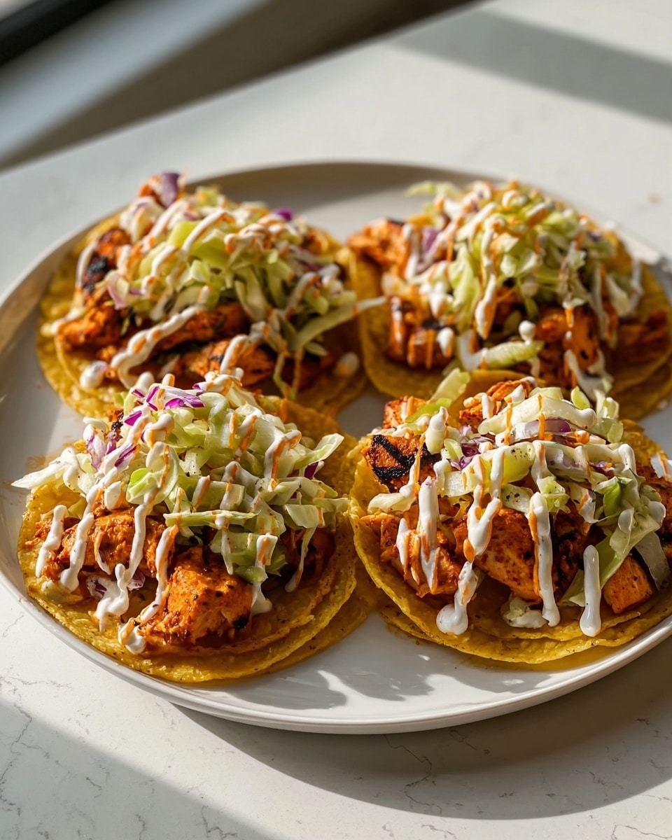 The image shows five small tostadas on a wooden board with a white marbled texture underneath. Each tostada has three layers: a light golden brown, crispy tortilla as the base; a thick, golden-brown layer of cooked filling with slightly charred, dark brown spots mostly on the edges; and a topping of shredded lettuce and diced onions, which are light green and white in color, spread evenly on top. The textures contrast with the soft, cooked filling layered under the crispiness of the tortilla, and the fresh, crunchy vegetables adding a vibrant touch to each tostada. Photo taken with an iphone --ar 4:5 --v 7