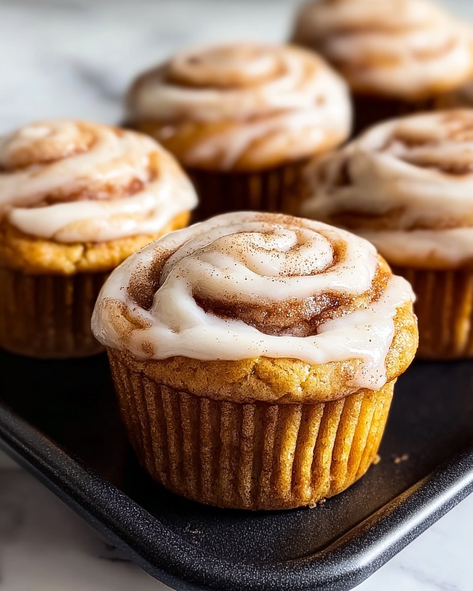 This image shows five cinnamon roll muffins on a black tray, all arranged closely together. Each muffin has a golden brown base with a soft, slightly textured surface, and the tops are covered in a creamy, off-white glaze that is swirled to mimic cinnamon rolls. The swirl pattern is lightly dusted with cinnamon powder that adds a speckled, warm brown detail on top of the glaze. The background is softly blurred with a bright white marbled texture, making the muffins the clear focus of the image. Photo taken with an iphone --ar 4:5 --v 7