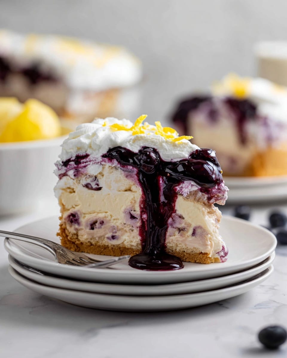A slice of cheesecake sits on a white cake stand with a wooden base, showing three main layers: a crumbly golden brown crust at the bottom, a thick creamy light beige cheesecake middle, and a topping of glossy dark purple blueberry sauce with whole blueberries scattered throughout. Dollops of white whipped cream are placed evenly on top, adding soft texture, while fresh mint leaves and a few lemon slices are placed around the stand. A silver fork rests nearby on the white marbled surface, with a blurred light blue background behind. Photo taken with an iphone --ar 4:5 --v 7