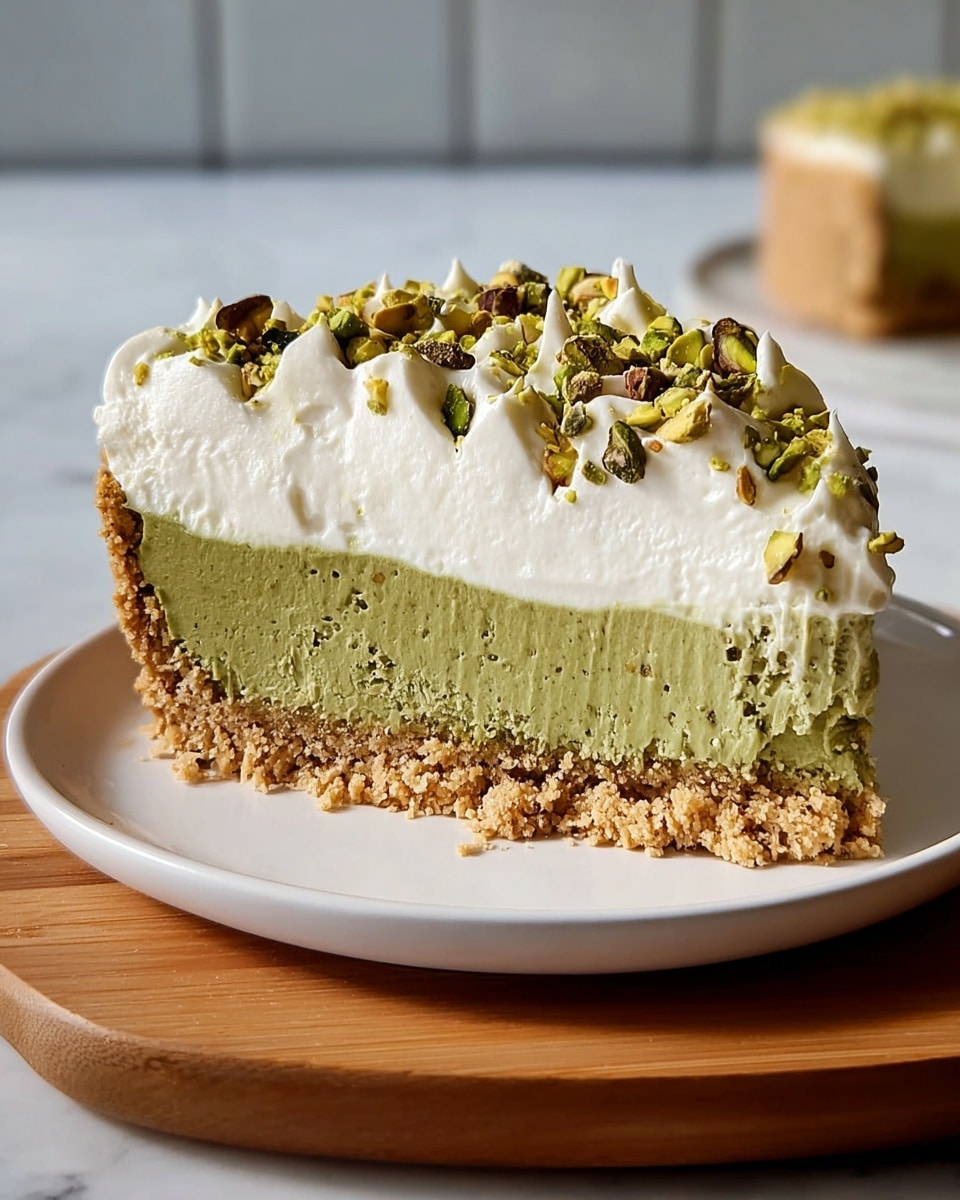 A slice of pie with three layers sits on a white plate on a wooden board, all on a white marbled surface. The bottom layer is a thick, crumbly light brown crust. The middle layer is a smooth, dense green filling that looks creamy and has tiny dark specks. The top layer is a thick, fluffy white cream that rises above the pie edge and is decorated with chopped green pistachio nuts sprinkled over it. photo taken with an iphone --ar 4:5 --v 7