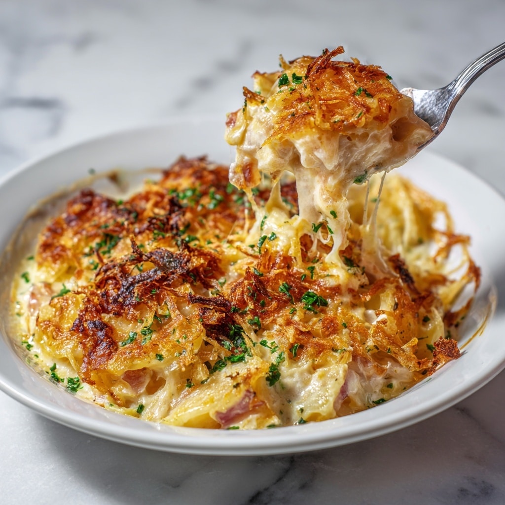 A white round dish filled with three visible layers: the bottom layer is a creamy, white sauce mixed with soft rice, the middle layer is the same creamy rice mixture lifted by a golden spoon with gooey, stretchy melted cheese strings pulling away, and the top layer is golden brown, crispy fried onions sprinkled evenly with small green herb bits. The dish is set against a white marbled texture background. Photo taken with an iphone --ar 4:5 --v 7