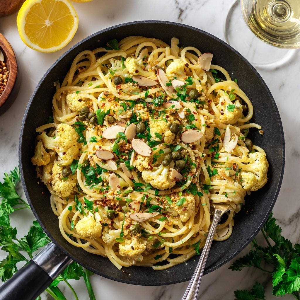 A white bowl filled with a mixed dish showing about three layers: at the bottom, light yellow spaghetti strands, in the middle, small pieces of cauliflower with a soft, beige color and a few green capers scattered throughout, and on top, sprinkled chopped green herbs and thin almond slices. One thin lemon slice leans on the side of the bowl. A black fork holds some spaghetti with cauliflower. The bowl rests on a white marbled surface with a green parsley stem near the bottom right and a glass of light-colored white wine blurred in the background. Photo taken with an iphone --ar 4:5 --v 7