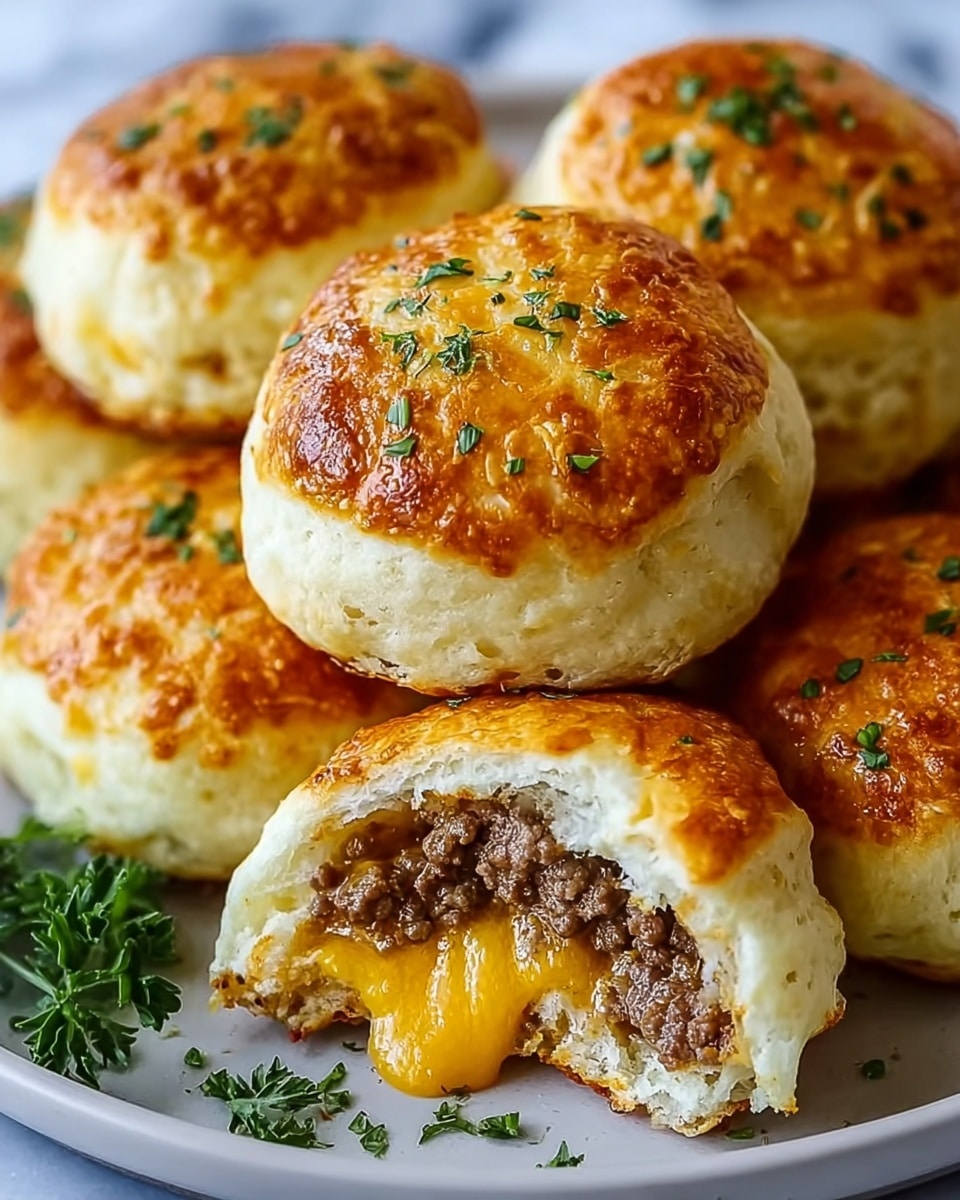 The image shows a group of six small cheeseburgers on a wooden board with a white marbled background. Each cheeseburger has three layers: the bottom layer is a soft, golden brown bun, the middle layer is a dark brown meat patty topped with creamy, melted yellow cheese dripping over the sides, and the top layer is a shiny, golden brown bun covered with white crumbs and small bits of green parsley. The cheeseburgers appear warm with steam rising from them, and the cheese looks smooth and gooey, creating an inviting, fresh feel. photo taken with an iphone --ar 4:5 --v 7