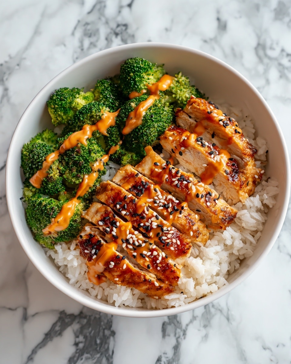 A white bowl filled at the bottom with a thick layer of fluffy white rice, topped by a mix of bright green broccoli florets and golden-brown glazed chicken pieces that have a shiny, slightly sticky texture. Drizzled over the dish is a light-colored creamy sauce with a smooth texture, and small white sesame seeds are sprinkled on top, adding texture and contrast. A silver fork is resting on the rice near the chicken, partially dipped in the food. The bowl sits on a surface with a white marbled texture, and the soft natural light highlights the colors and textures of the food photo taken with an iphone --ar 4:5 --v 7