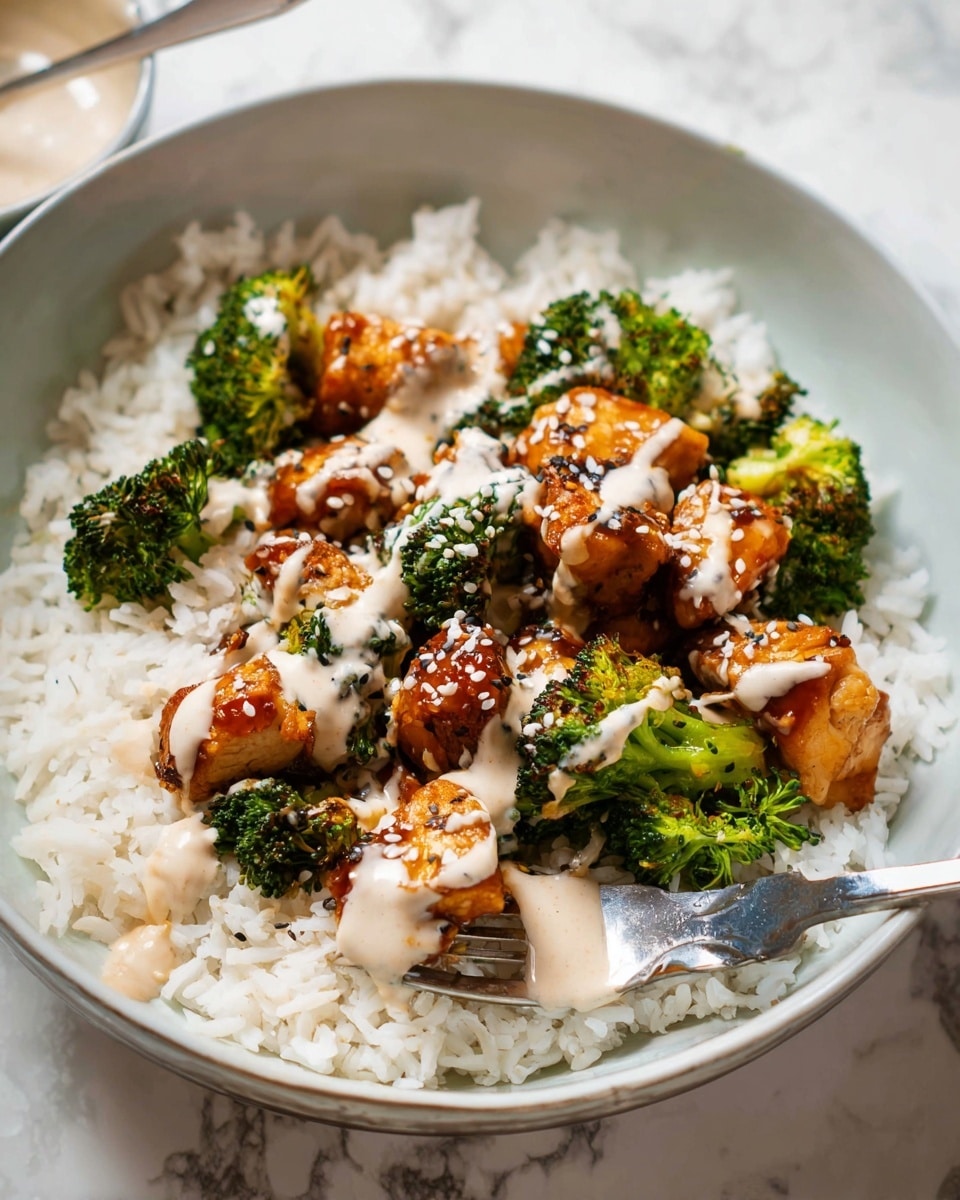 A white bowl with three main layers: at the bottom is a bed of plain white rice, fluffy and evenly spread. On one half above the rice, there are bright green broccoli pieces, slightly steamed and topped with a light drizzle of orange sauce. On the other half, several crispy golden-brown pieces of grilled chicken are laid out in a neat row, each piece glazed and shining, sprinkled with white and black sesame seeds and finished with more of the same orange sauce drizzled on top. The bowl is placed on a white marbled surface. photo taken with an iphone --ar 4:5 --v 7