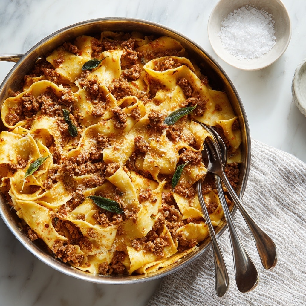 A white bowl filled with thick, flat yellow pasta ribbons mixed with a pale beige ground meat sauce that has small bits of orange carrot and soft texture, topped with grated white cheese and scattered dark green crispy sage leaves, with a silver fork twirling some pasta on the right side. The bowl sits on a white marbled surface with a clear textured glass of water, a smaller bowl of grated cheese, salt and pepper shakers nearby, and a rust-colored cloth napkin under the bowl. Photo taken with an iphone --ar 4:5 --v 7