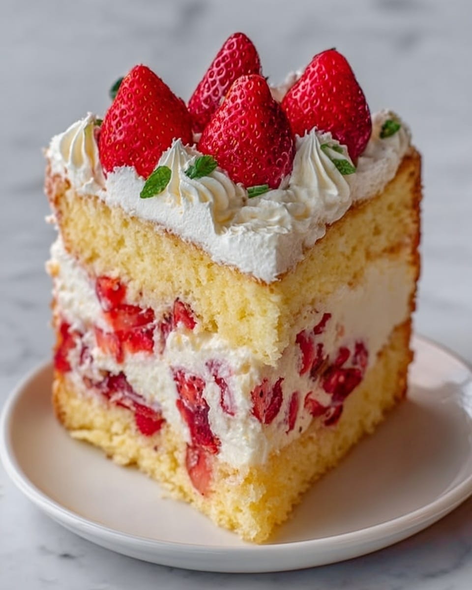 A slice of layered cake on a white plate showing three layers: the bottom layer is a light yellow sponge cake with pieces of fresh red strawberries inside, the middle layer is a thick creamy white filling with bits of strawberries, and the top layer is another yellow sponge cake with a coating of fluffy white cream on top. Five whole red strawberries are placed on the cream, with swirls of whipped cream around them. The background has a white marbled texture. Photo taken with an iphone --ar 4:5 --v 7
