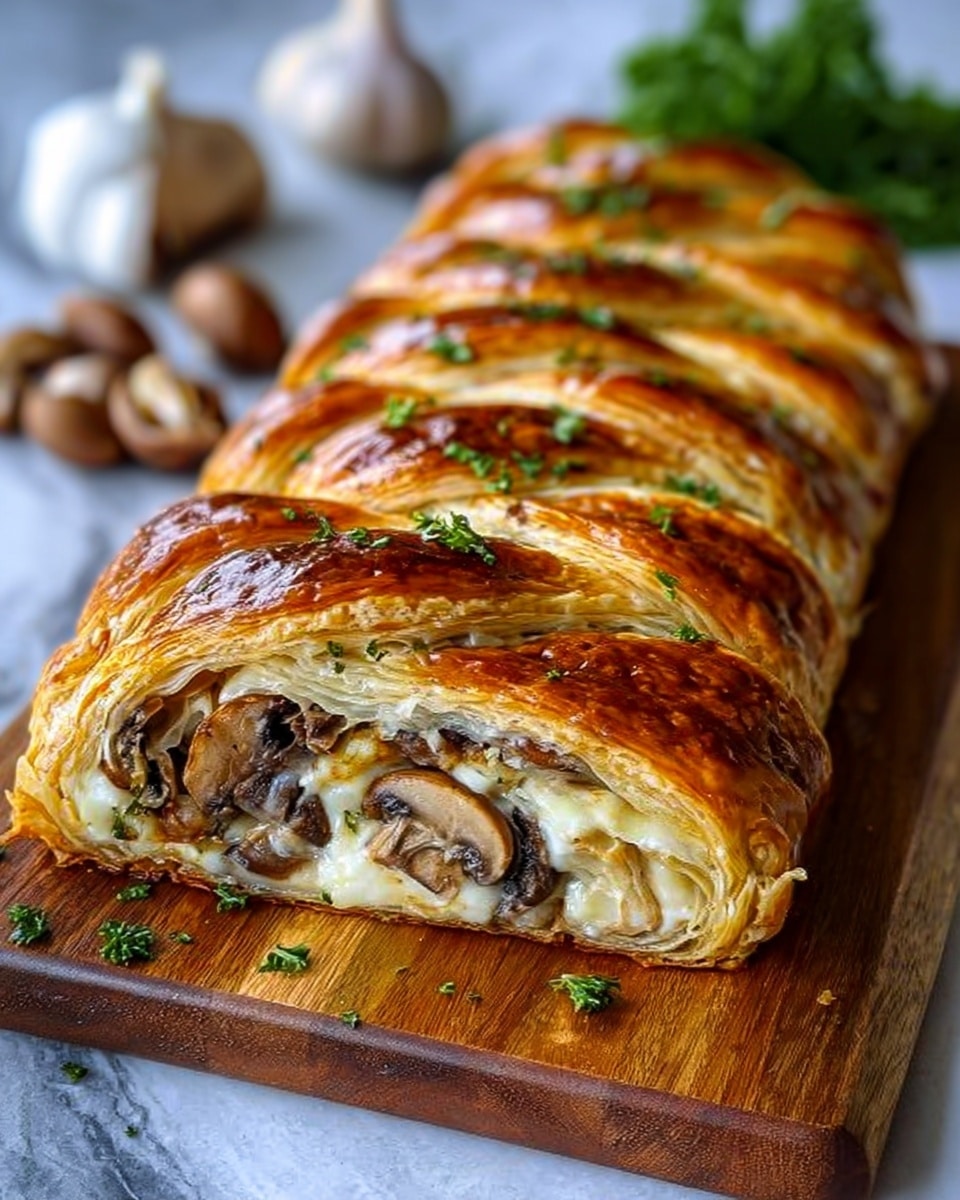 A golden brown braided pastry sits on a wooden board, with several diagonal cuts revealing layers inside. The outer layer is shiny and flaky, showing a finely braided pattern on top. Inside, there are visible soft layers of creamy white cheese and tender cooked mushrooms with a warm brown color. Small green herbs are scattered on top and around the board, adding a fresh look. The background is a white marbled surface with some garlic and parsley blurred out behind. Photo taken with an iphone --ar 4:5 --v 7