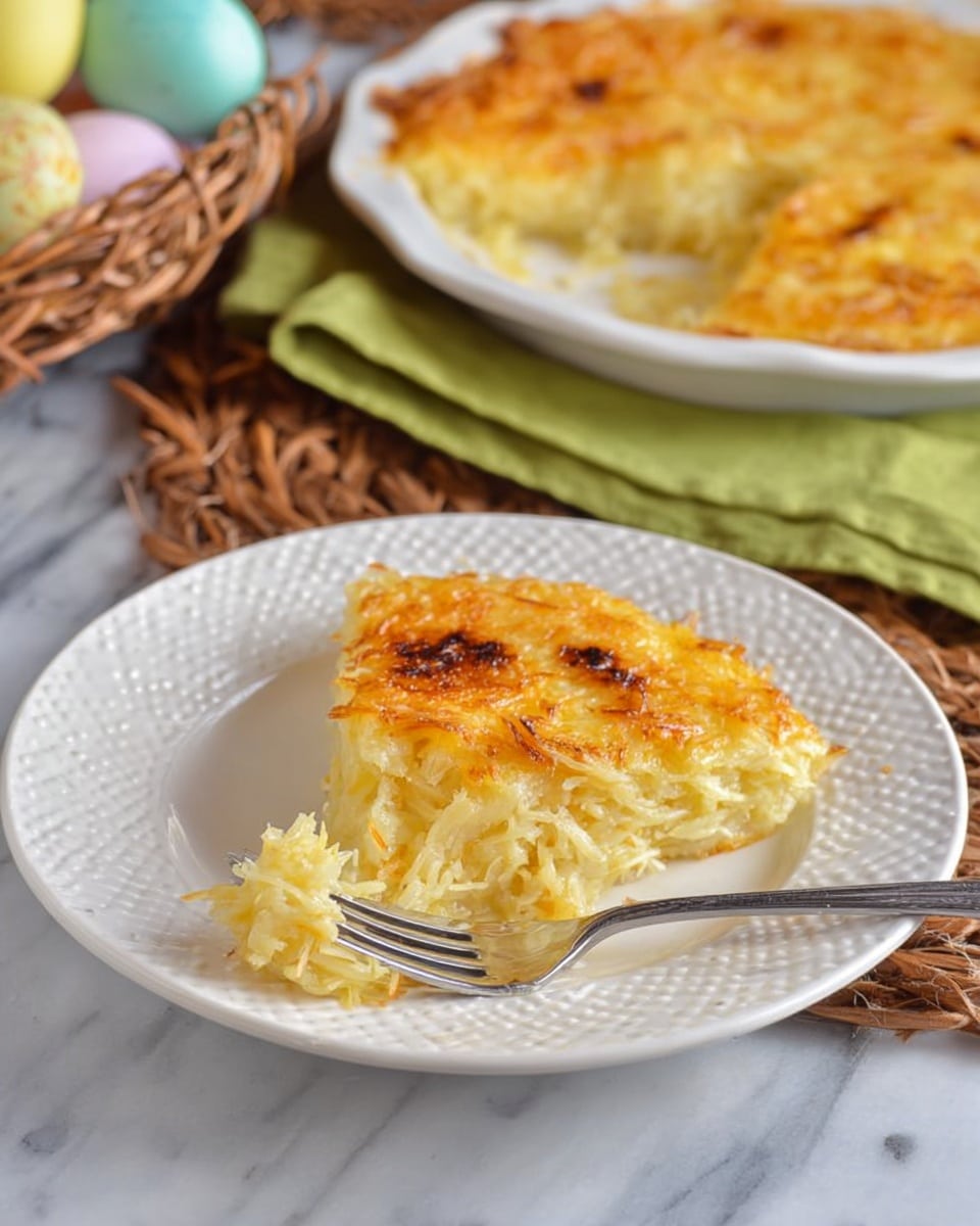 The image shows a white plate with a textured design around the edge, holding a triangular slice of a golden brown, baked dish with a crispy top layer. The dish has a soft, slightly shredded yellowish base with melted cheese that appears bubbly and browned in spots. A silver fork rests on the plate with a small bite of the dish on its tines, hinting at a creamy, moist inside. In the background, a white pie dish with the remaining baked dish sits slightly out of focus on a white marbled surface, next to a green cloth napkin. There is also a woven basket with pastel-colored eggs partially visible in the top left corner. Photo taken with an iphone --ar 4:5 --v 7