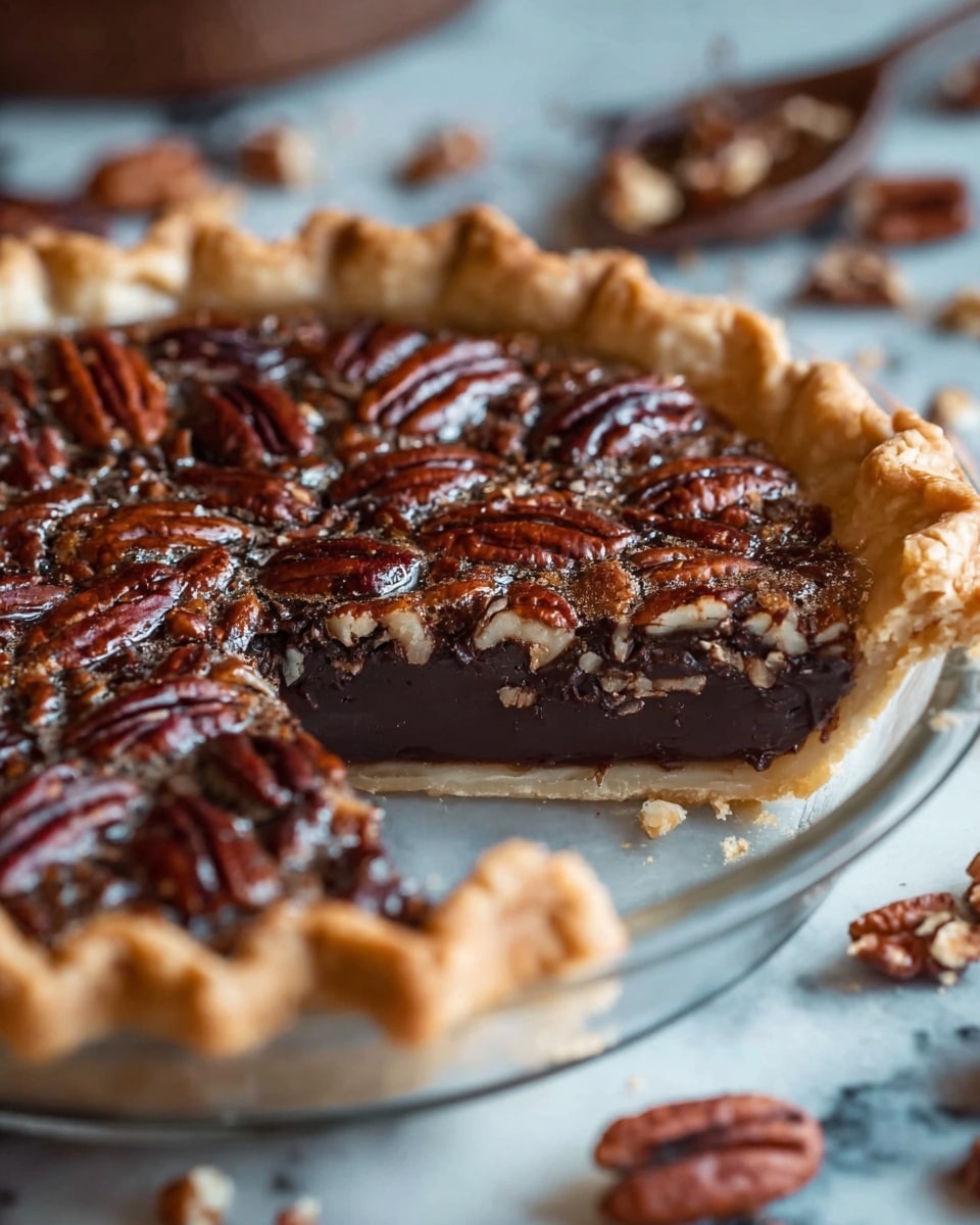 A slice of pie sits on a white plate with a thin golden edge, placed on a white marbled surface. The pie has three visible layers: a light golden flaky crust at the bottom and edges, a thick, dense dark brown layer with small nut pieces mixed in the middle, and a shiny, smooth, dark chocolate layer on top. The top layer is decorated with whole pecans and sprinkled with coarse white salt. A few small chocolate shavings and nut bits are scattered around the slice on the plate. Photo taken with an iphone --ar 4:5 --v 7