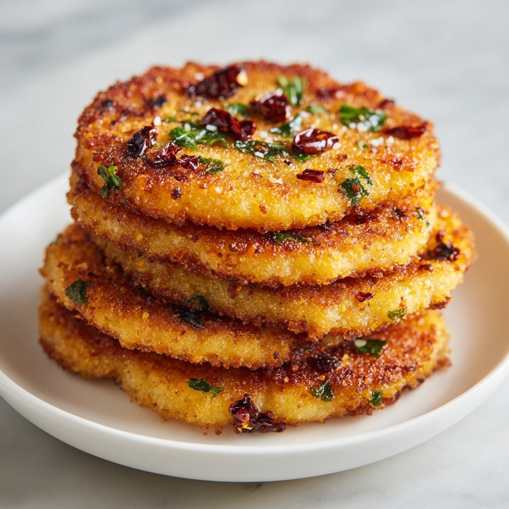 The image shows a close-up of six golden-brown, crispy potato pancakes stacked on top of each other on a white plate, each pancake having an uneven, crunchy edge and a textured surface with small bits of fried potato visible. The pancakes are sprinkled with finely chopped green herbs, giving a fresh touch of color. In the background, there is a soft focus of green leafy herbs placed on a white marbled surface, adding freshness and depth to the image. The lighting highlights the crispiness and golden color of the potato pancakes. Photo taken with an iphone --ar 4:5 --v 7