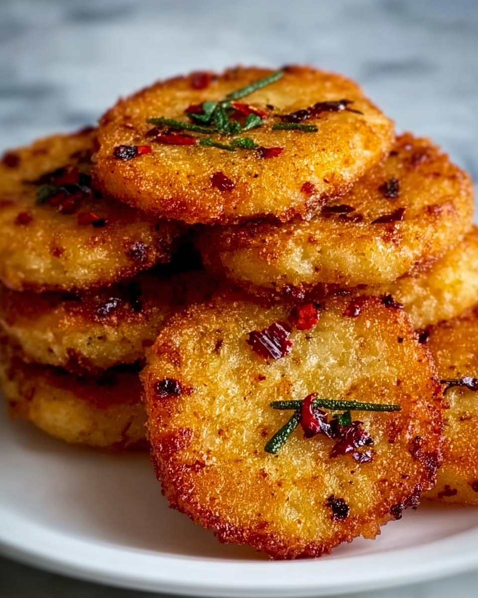 A white plate holds a stack of six golden brown fried patties. Each patty is round, with a crispy, textured surface showing a crunchy outer layer. Small dark red chili flakes and green herbs are scattered over the top of each patty, adding contrast to the golden color. The edges of the patties are slightly uneven and darker from frying, creating a rustic look. The background shows a white marbled surface, softly blurred to keep focus on the patties. photo taken with an iphone --ar 4:5 --v 7