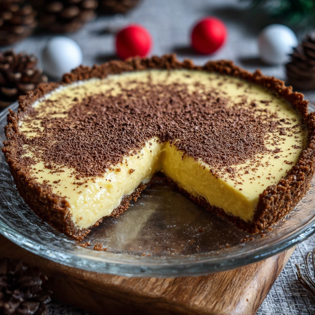 The image shows a creamy yellow pie with a thick, crumbly brown crust on the edges, sitting on a clear glass plate. The pie has one large slice missing, revealing its smooth, custard-like inside that is shiny and slightly glossy. The top of the pie is sprinkled with a fine layer of dark brown powder, likely cocoa or cinnamon, that covers the entire surface evenly. The plate rests on a rough wooden block, which adds a natural texture under the pie. In the background, out of focus, are some pine cones and red and white round decorations, suggesting a festive or cozy setting. A woman's hand is gently holding the edge of the plate on the right side. The photo taken with an iphone --ar 4:5 --v 7