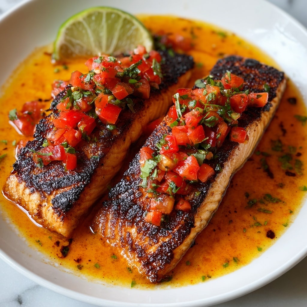 The image shows two grilled fish fillets placed side by side on a white plate over a white marbled surface. Each fillet has crispy, charred skin with visible grill marks, topped with a layer of bright red diced tomatoes and small green herbs. The fillets rest in a shallow pool of orange sauce that spreads evenly across the plate. A grilled green lime wedge sits near the upper edge of the plate, adding contrast to the warm colors of the dish. Photo taken with an iphone --ar 4:5 --v 7