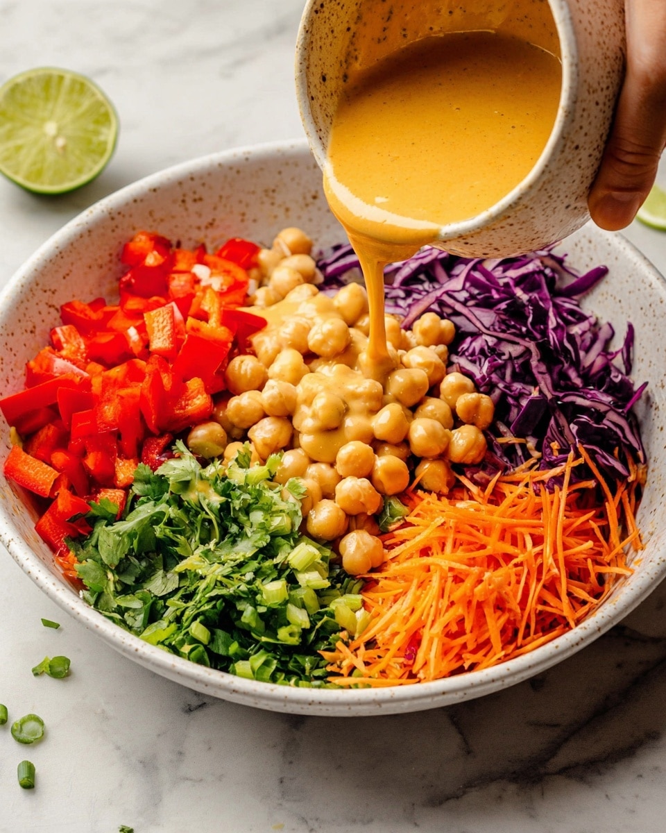 A clear white bowl filled with a colorful chickpea salad, showing large round beige chickpeas mixed with thin strips of orange carrot, thin slices of purple onion, small pieces of red bell pepper, chopped green herbs, and small bits of white nuts or seeds sprinkled throughout. The textures are fresh and crisp with a mix of smooth chickpeas and crunchy vegetables, all piled high to form a rounded mound in the bowl. The background is a white marbled surface, enhancing the vibrant colors of the salad. Photo taken with an iphone --ar 4:5 --v 7