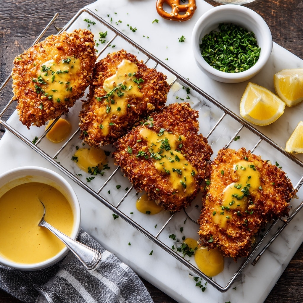 Five pieces of crispy fried chicken coated in thick, crunchy brown nut and crumb crumbs are arranged on a rectangular metal rack over a white marbled surface. Each chicken piece is drizzled with light yellow sauce and sprinkled with small bits of chopped green herbs. On the top right corner of the rack is a small white bowl filled with finely chopped green herbs. On the bottom left is a white bowl containing creamy yellowish sauce with a silver spoon inside. Scattered pretzels, lemon slices, and green herb bits decorate the dark wooden background partially visible beyond the white marbled surface. A gray and white striped cloth is on the lower left. photo taken with an iphone --ar 4:5 --v 7