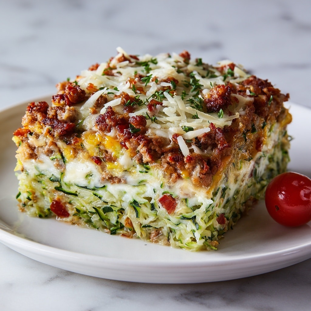 A round white bowl holds a layered dish with three clear layers. The bottom layer is thick and textured, made of shredded green zucchini mixed with light-colored ingredients, forming a dense base. The middle layer is creamy with small bright red pieces scattered inside, contrasting with the green below. The top layer consists of browned, crumbled sausage bits and melted shredded cheese in white and golden yellow, sprinkled with small green herbs. There is also a small, bright red cherry tomato piece near the edge, adding a pop of color against the savory topping. The dish looks hot and fresh on a white marbled surface. photo taken with an iphone --ar 4:5 --v 7