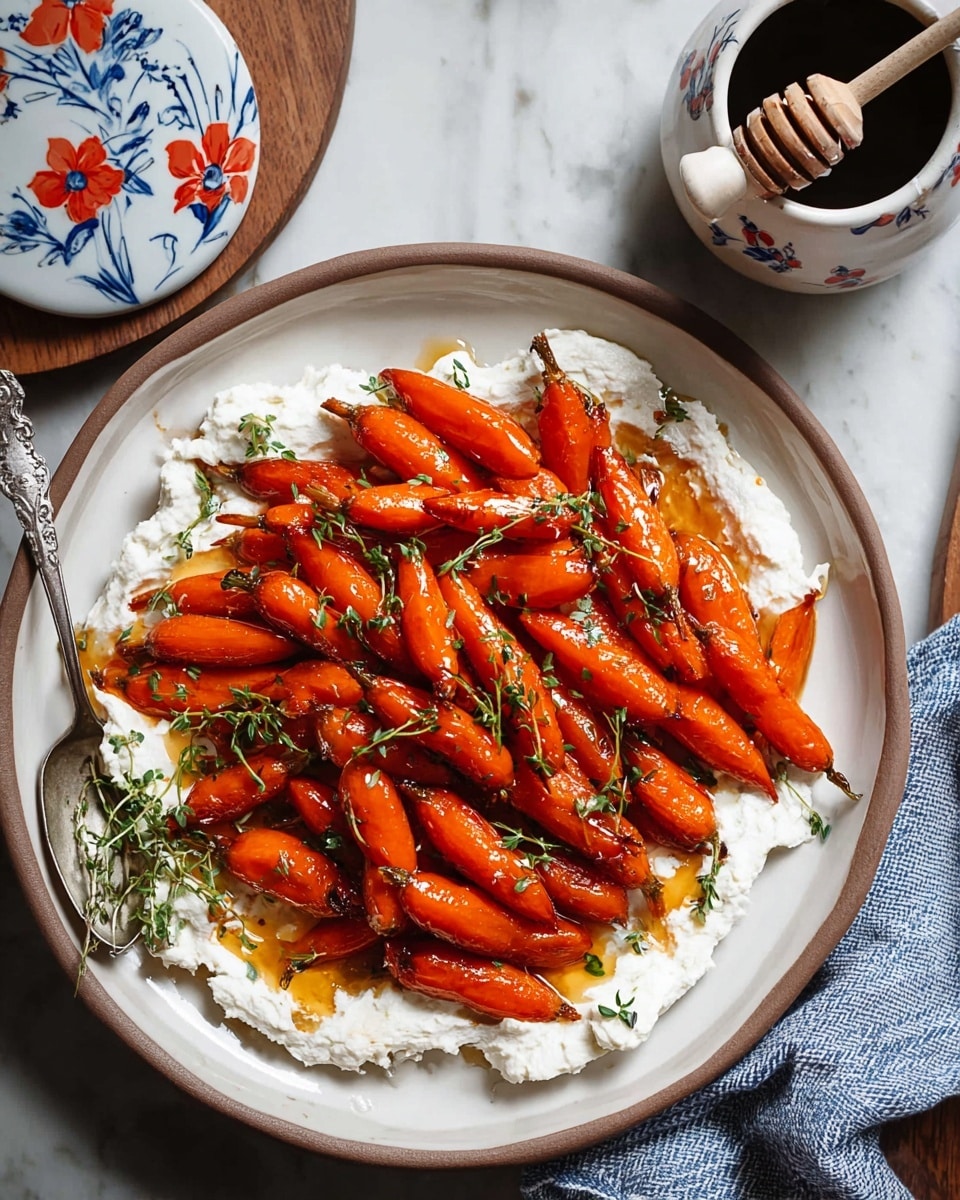 A deep white plate holds a dish with two main layers. The bottom layer is a thick, creamy white spread with a slightly uneven texture. On top, there is a pile of bright orange roasted baby carrots, shiny from glaze, arranged loosely in the center. Small specks of green herbs and thyme sprigs are scattered across the carrots, adding color contrast. A silver spoon rests on the plate edge, partially under the carrots. The plate sits on a surface with a white marbled texture, and nearby is a small white pot with blue and red flower designs, holding a wooden honey dipper. A blue and white striped cloth is partially visible near the bottom right corner. Photo taken with an iphone --ar 4:5 --v 7