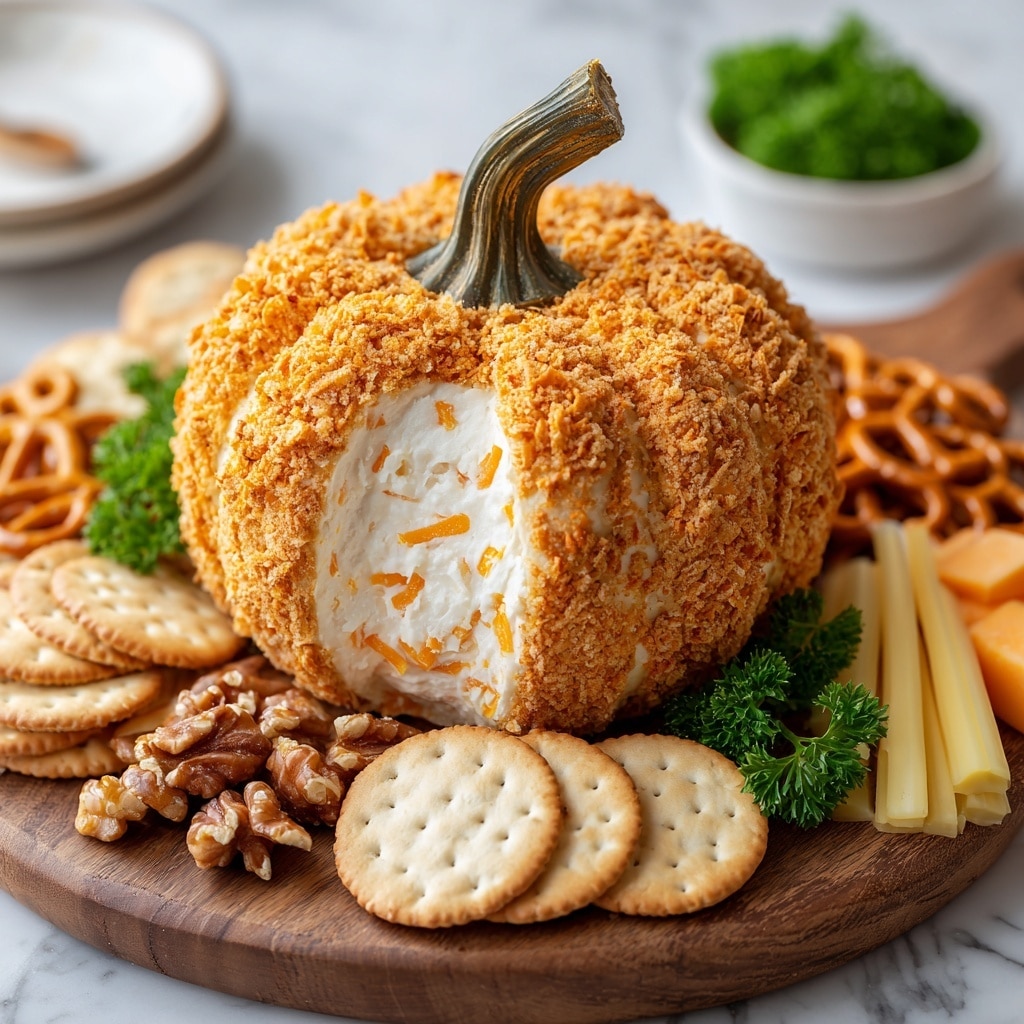 The image shows a round cheese ball shaped like a small pumpkin, covered in a crumbly, brown nut coating that gives it a rough texture. At the top center, there is a fresh green stem placed upright to mimic a pumpkin stem. The cheese ball is sitting on a piece of white parchment paper on a white plate. Around the cheese ball, there is a circular arrangement of golden-brown crackers. A woman's hand is holding a small spreading knife with a white handle, scooping out a section of the cheese ball, revealing creamy white cheese mixed with orange cheese bits inside. The background is a white marbled texture with blurry white and orange pumpkins that add a fall theme. photo taken with an iphone --ar 4:5 --v 7