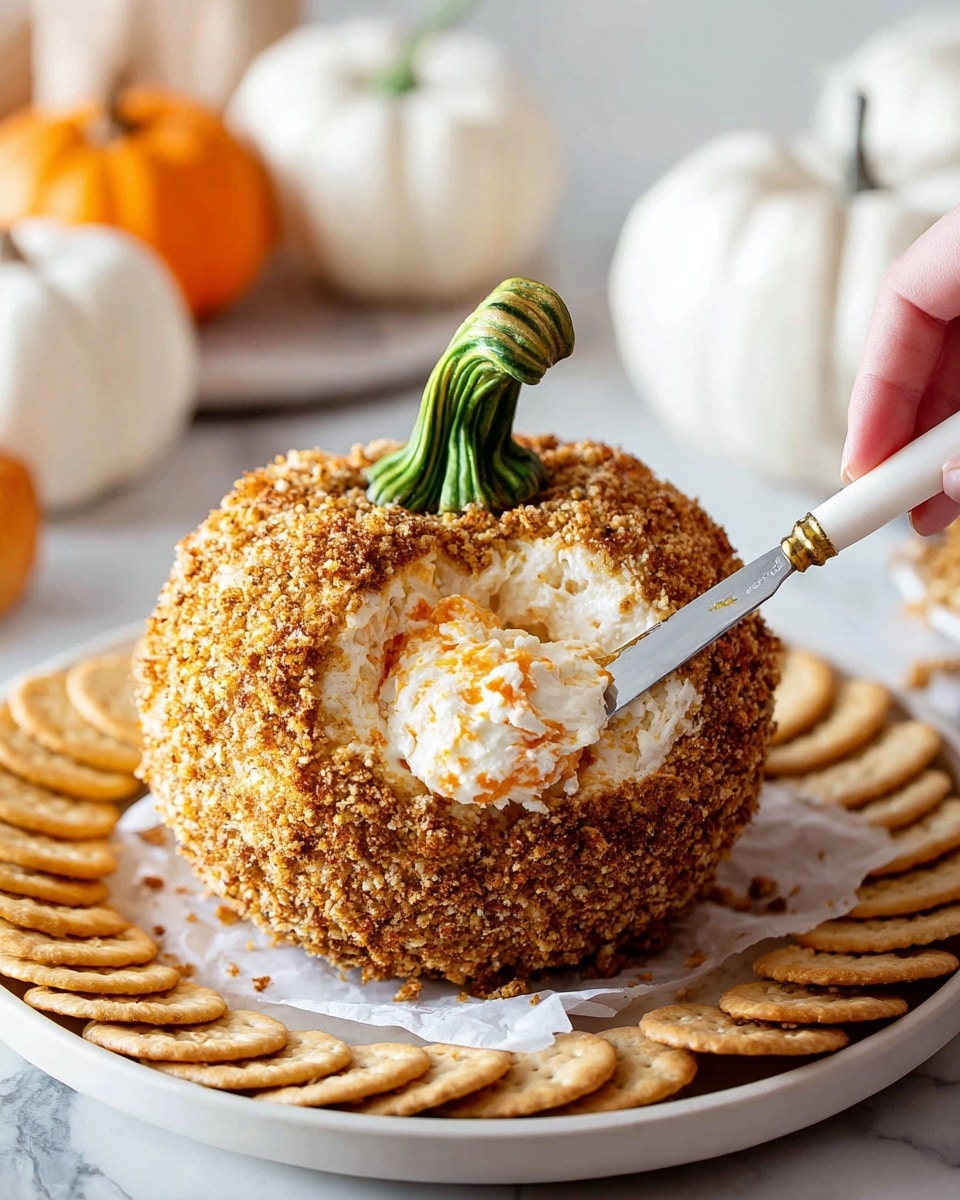 A round pumpkin-shaped cheese ball sits in the center of a wooden board, with a textured outer layer of crushed chips in golden brown, and a small curved pumpkin stem on top. The creamy inside layer is white with specks of green herbs and thin orange cheese shreds, visible where it is scooped out in one section. Around the cheese ball, there are light brown round crackers, pretzels, walnut halves, and pale yellow cheese sticks arranged loosely. Small sprigs of fresh green parsley add color near the pumpkin cheese ball. The background is softly blurred with a white marbled surface below. Photo taken with an iphone --ar 4:5 --v 7