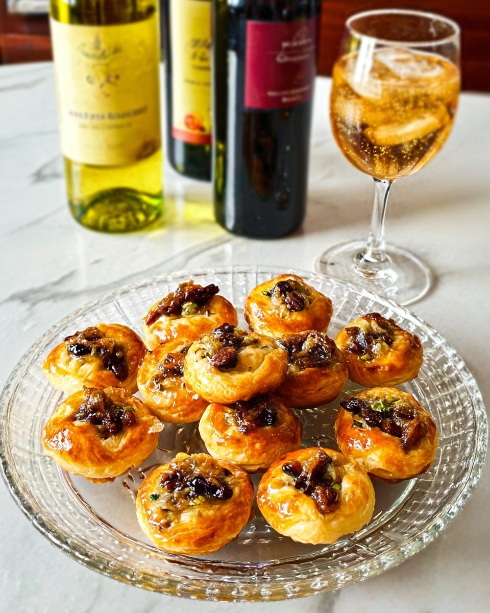 The image shows seven small round pastries arranged on a clear glass plate with a starburst pattern. Each pastry has two layers: a golden-brown crust on the bottom with a slightly flaky texture, and a glossy top layer of caramelized fruit slices that look slightly green and dark brown, giving a shiny and sticky look. The pastries are placed closely but not touching each other on the plate, which sits on a white marbled surface. The photo is taken with an iphone --ar 4:5 --v 7