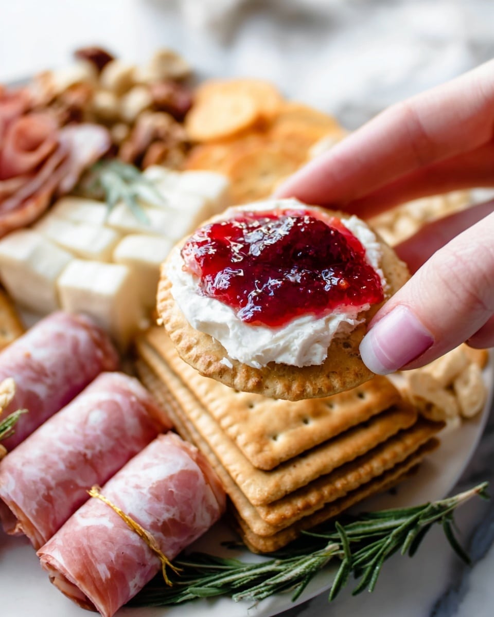 The image shows a close-up of a woman's hand holding a round cracker topped with a layer of soft white cheese and a generous dollop of bright red jam. Below the cracker, there is a white plate with several stacked, golden-brown square crackers arranged in a neat pile. To the left of the crackers, two slices of rolled deli meat with a pinkish hue lie on the white plate, next to some fresh rosemary sprigs. In the blurry background, more food items such as cheese cubes and nuts are slightly visible, all set against a white marbled textured surface. photo taken with an iphone --ar 4:5 --v 7