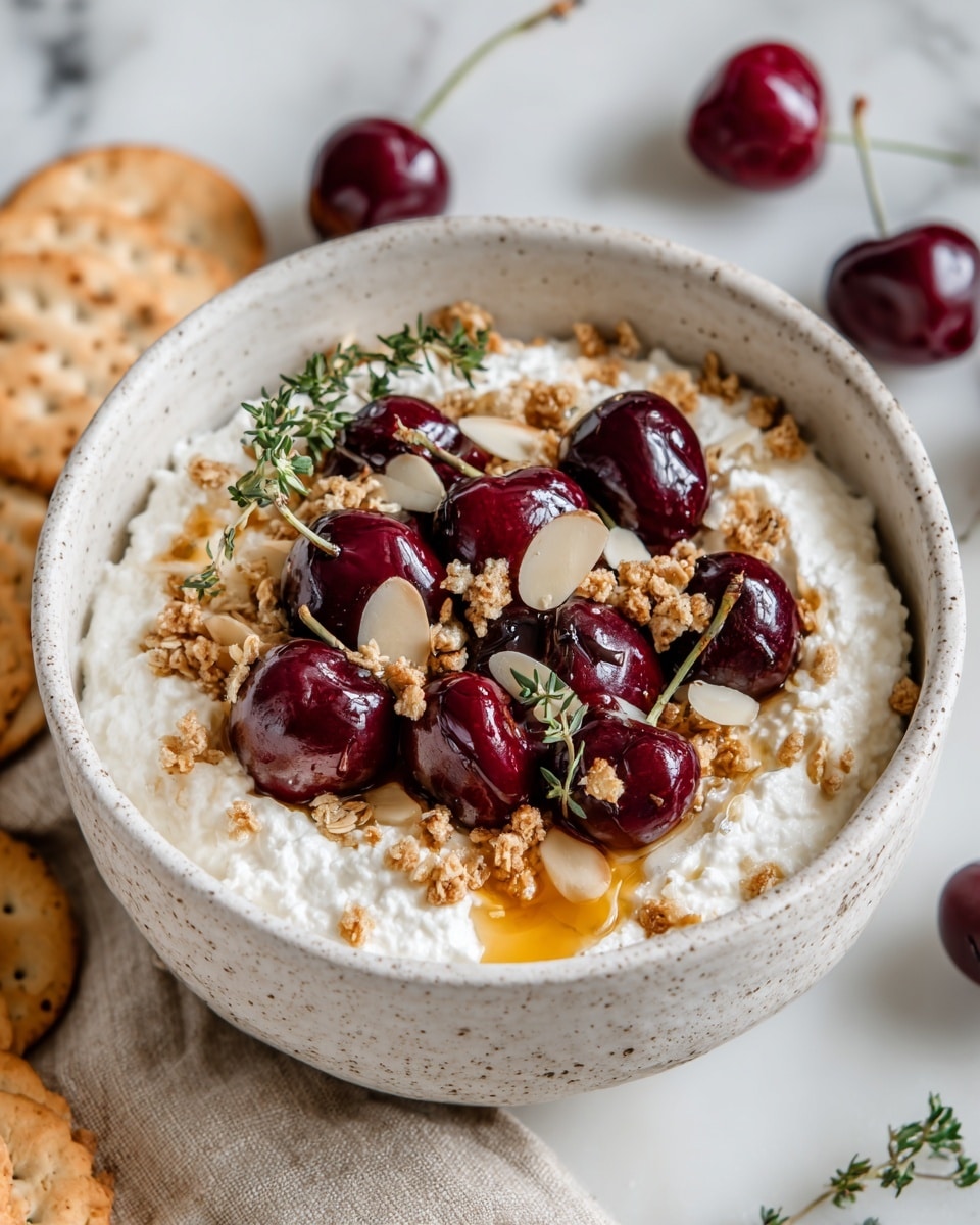 The image shows a white bowl filled with three clear layers: a creamy yogurt base with a smooth white texture, topped on one side with a cluster of golden granola sprinkled with nuts and dried fruit pieces, next to a swirl of light honey adding a soft, shiny layer, and beside that, halved deep red cherries with juicy, glossy flesh. A woman's hand holds a spoon dipped into the bowl, with two other white bowls blurred in the white marbled background. photo taken with an iphone --ar 4:5 --v 7