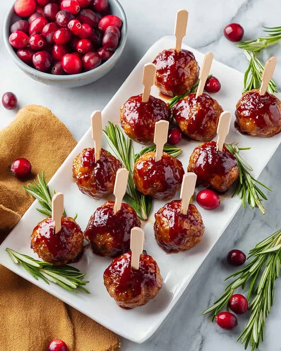 A white rectangular plate holds twelve small round meatballs, each dipped in a shiny dark red glaze with a sticky texture, and topped with a light wooden pick. The meatballs are arranged in neat rows, with sprigs of fresh green rosemary placed between and around them. Bright red cranberries are scattered on the plate and on the white marbled surface beneath. To the side, a bowl filled with more red cranberries and additional rosemary sprigs lie next to a mustard-colored cloth napkin with green rosemary on it. Photo taken with an iphone --ar 4:5 --v 7