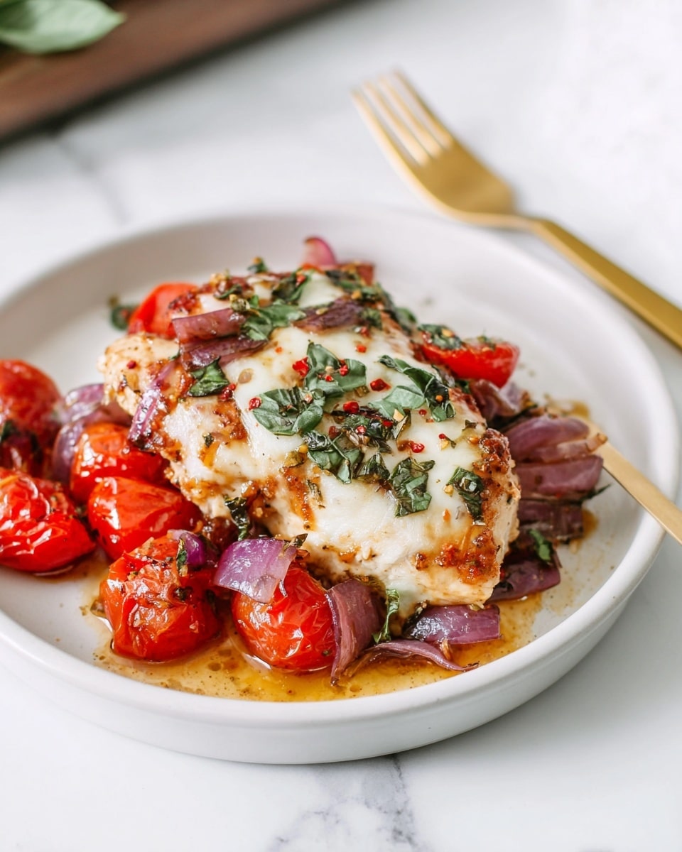 A glass baking dish holds a layered dish with three large chicken breasts placed in a line, each topped with melted white cheese sprinkled lightly with red chili flakes and fresh chopped green basil. Surrounding the chicken is a chunky sauce made of bright red cherry tomatoes, dark black olives, and bits of purple onion, all cooked to a soft texture with some liquid around the edges. The fresh green basil is scattered over the top, adding a fresh contrast to the rich colors. The dish is set on a white marbled surface. photo taken with an iphone --ar 4:5 --v 7