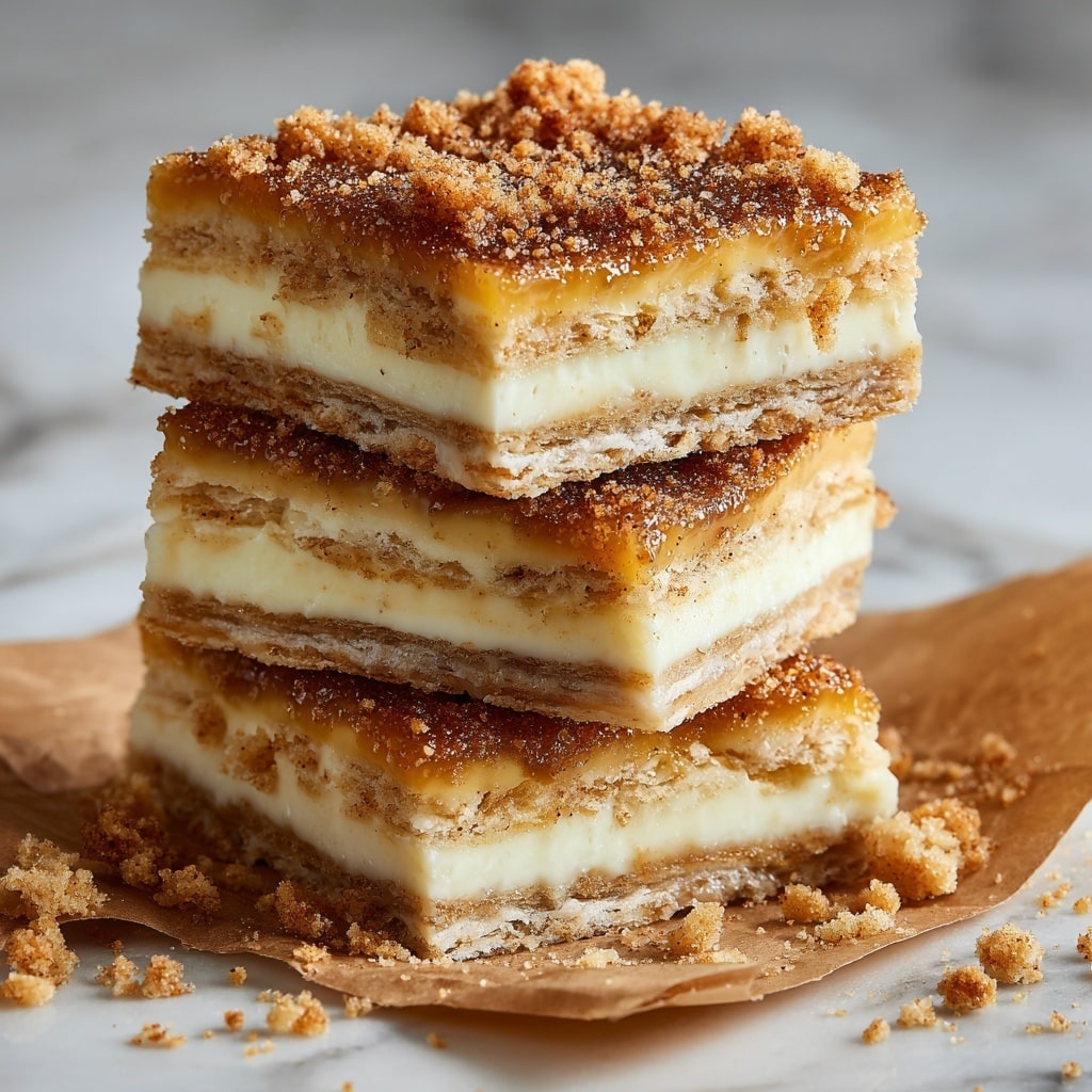 The image shows a close-up of a stack of layered dessert squares placed on brown parchment paper over a white marbled surface. Each square has five visible layers, alternating between thin, light tan crispy biscuit layers with a slightly rough texture and creamy off-white layers. The top of the dessert is coated with a thick golden caramel-like layer and sprinkled with a fine grainy mixture of cinnamon and sugar, giving it a slightly sparkling and textured appearance. Crumbled bits of the dessert and some scattered cinnamon sugar are visible around the stack. The photo taken with an iphone --ar 4:5 --v 7