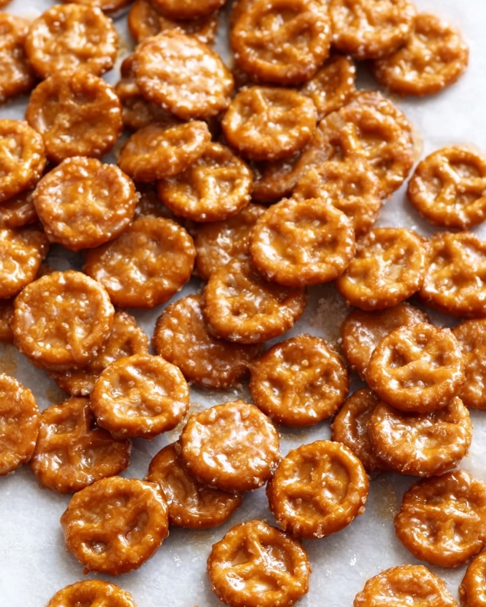 The image shows many small golden brown pretzel crisps spread out on white parchment paper over a white marbled surface. Each pretzel piece is round with a rough crunchy texture and a shiny coating that looks like caramel or a sweet glaze, giving them a glossy appearance. The pieces are closely arranged but some overlap slightly, showing their uneven edges and sugary coating. Photo taken with an iphone --ar 4:5 --v 7