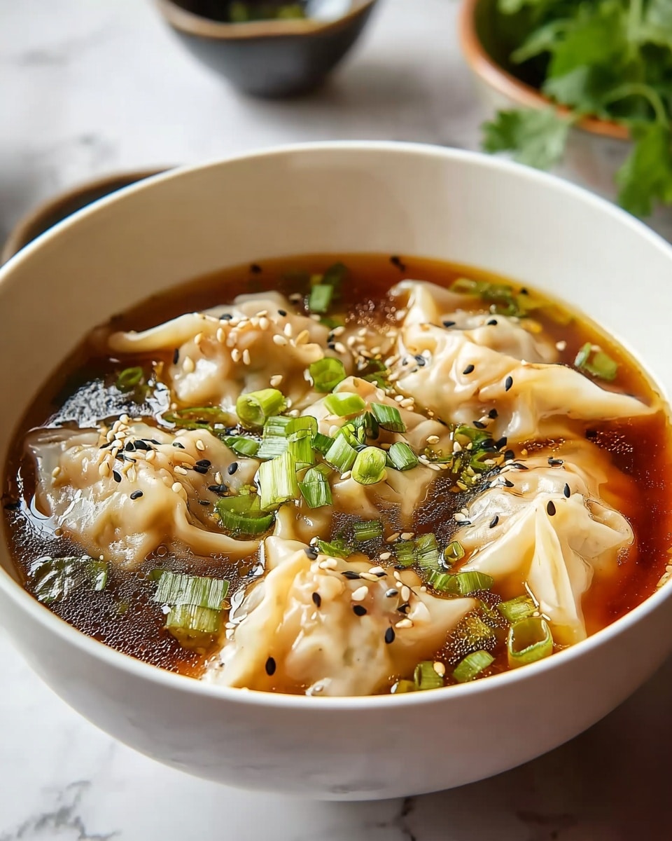 A white bowl filled with clear brown broth containing six light beige dumplings, each with soft, smooth, slightly folded edges. Bright green peas are scattered throughout the soup, adding pops of color. The broth is topped with finely chopped green herbs and red chili flakes, giving texture and spice contrast. The dumplings appear soft and delicate, slightly translucent with visible seams, floating gently in the rich broth. The background is a white marbled texture. photo taken with an iphone --ar 4:5 --v 7