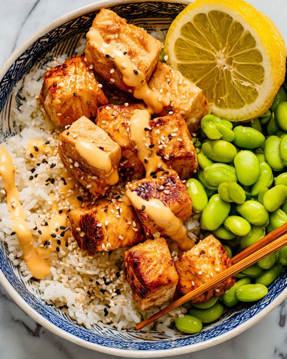 The image shows a white plate filled with many small, square pieces of cooked salmon. Each piece has a browned, crispy outside with visible grill marks and is topped with a creamy, light beige sauce that glistens slightly. Small green herb bits are sprinkled on top of the sauce, adding color contrast. The salmon pieces are arranged in a stacked, slightly uneven pile, creating a textured look. The background is a white marbled surface. photo taken with an iphone --ar 4:5 --v 7