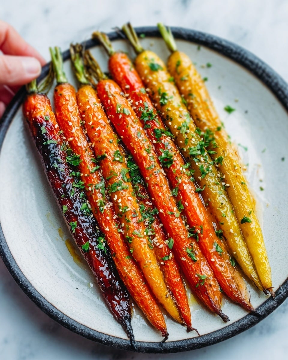 A white ceramic tray filled with one layer of whole fresh carrots neatly lined up, their bright orange color contrasted by the fresh green carrot tops. A woman's hand on the right side holds a matching white bowl containing a dark, speckled seasoning mix with an oily texture, and a small wooden-handled brush is resting in the bowl, ready to spread the seasoning over the carrots. The tray and bowl are set on a white marbled surface with a small bunch of fresh green herbs and a small white ceramic sauce container nearby. photo taken with an iphone --ar 4:5 --v 7