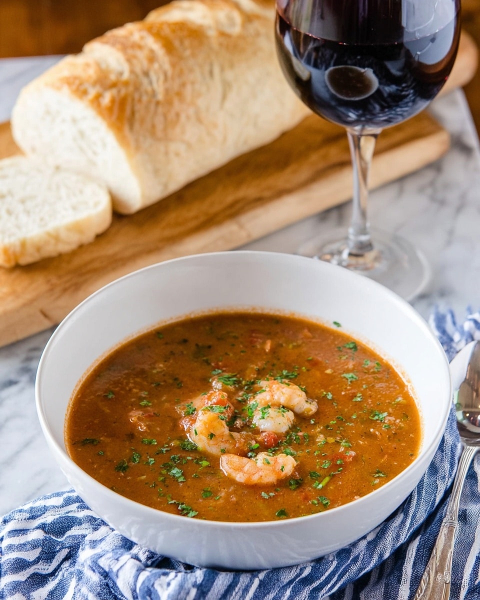 A white bowl filled with a rich, brownish-red seafood soup containing small pieces of shrimp layered on top, sprinkled with green herbs for garnish. The soup has a smooth texture with visible herbs and small bits of other seafood or vegetables mixed in. Behind the bowl, there is a white marbled surface holding a loaf of sliced white bread on a wooden board, and a tall glass of red wine with a clear stem, both slightly out of focus. A blue and white striped cloth lies near the bowl’s base, adding a soft touch to the setting. Photo taken with an iphone --ar 4:5 --v 7